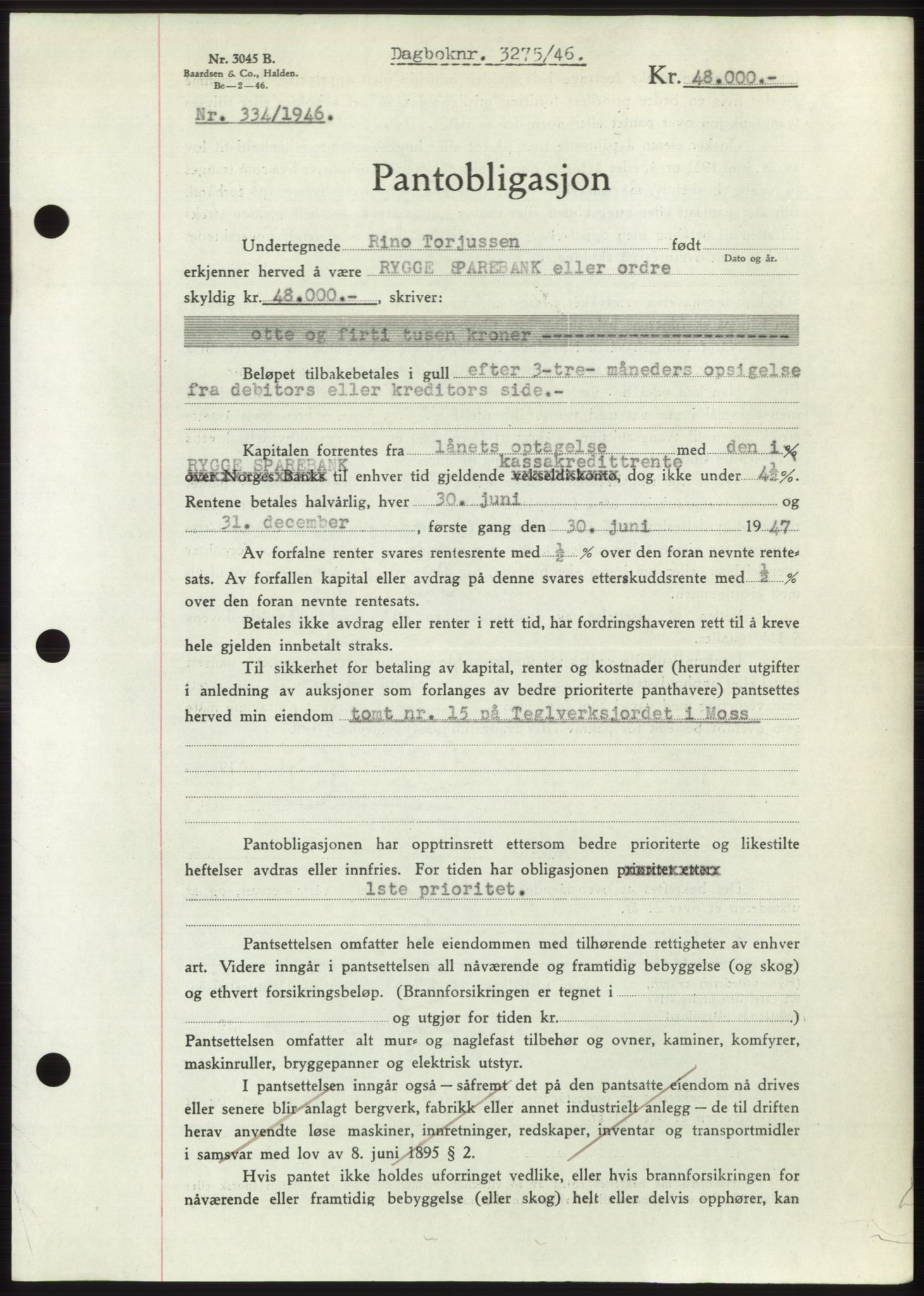 Moss sorenskriveri, SAO/A-10168: Pantebok nr. B16, 1946-1947, Dagboknr: 3275/1946