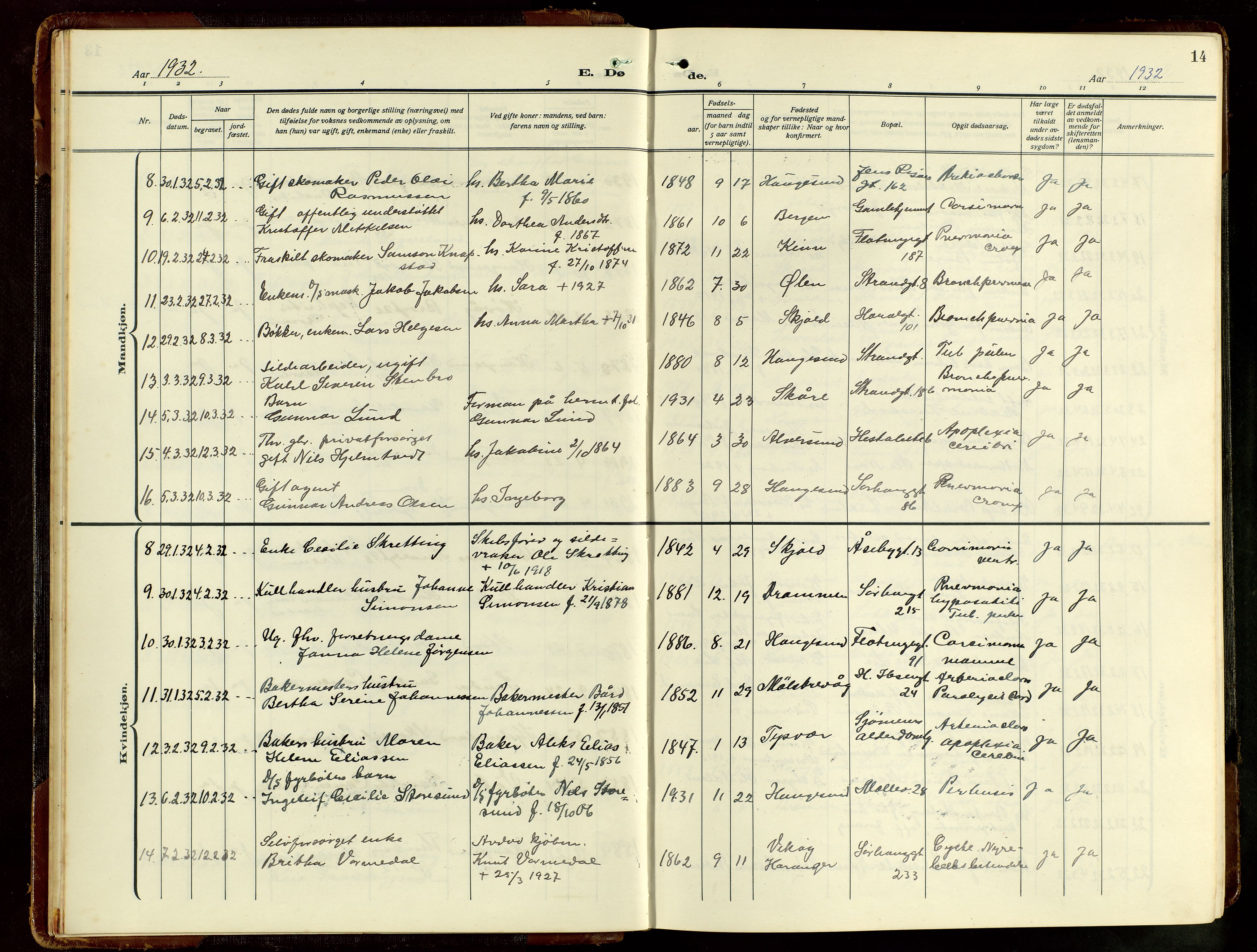 Haugesund sokneprestkontor, AV/SAST-A -101863/H/Ha/Hab/L0012: Klokkerbok nr. B 12, 1930-1958, s. 14