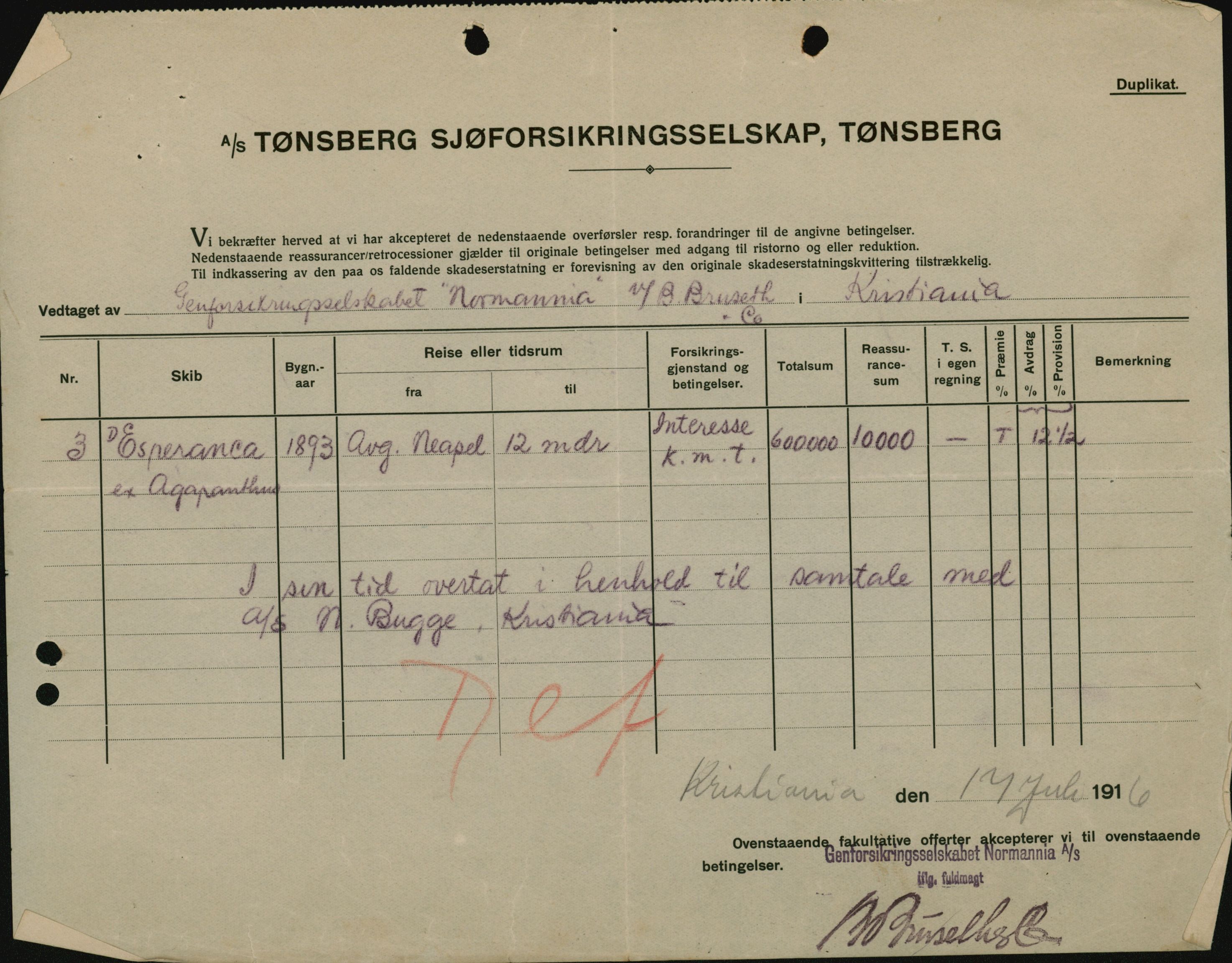 Pa 664 - Tønsberg Sjøforsikringsselskap, VEMU/A-1773/F/L0001: Forsikringspoliser, 1915-1918