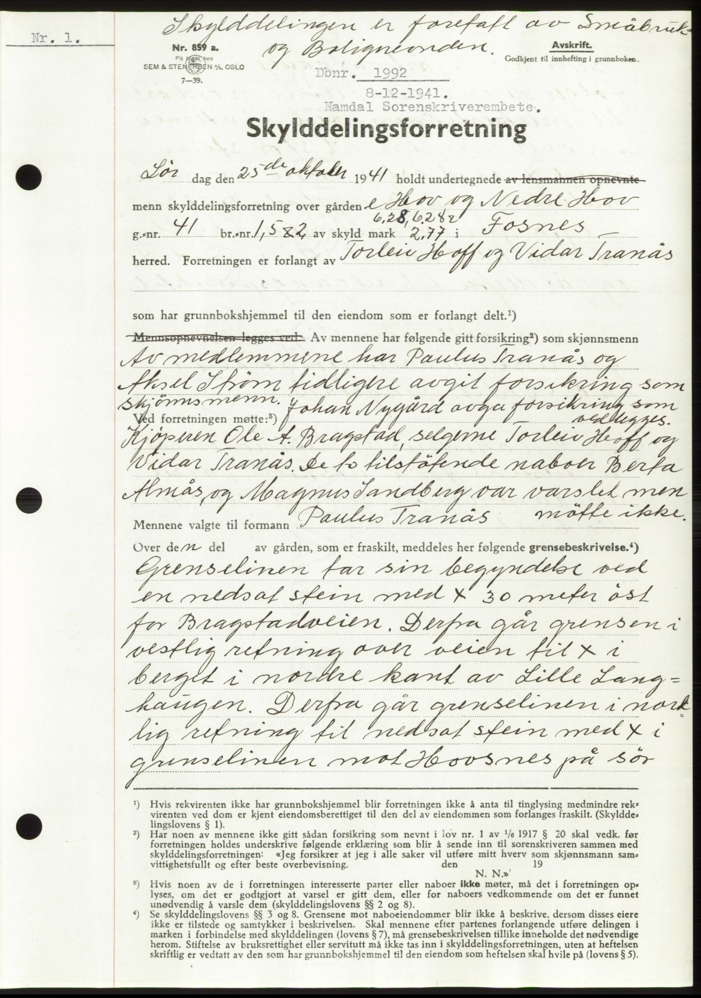 Namdal sorenskriveri, SAT/A-4133/1/2/2C: Pantebok nr. -, 1941-1942, Dagboknr: 1992/1941