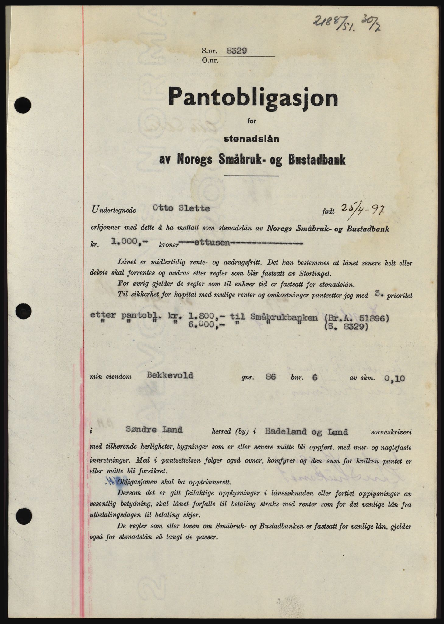 Hadeland og Land tingrett, SAH/TING-010/H/Hb/Hbc/L0022: Pantebok nr. B22, 1951-1951, Dagboknr: 2188/1951