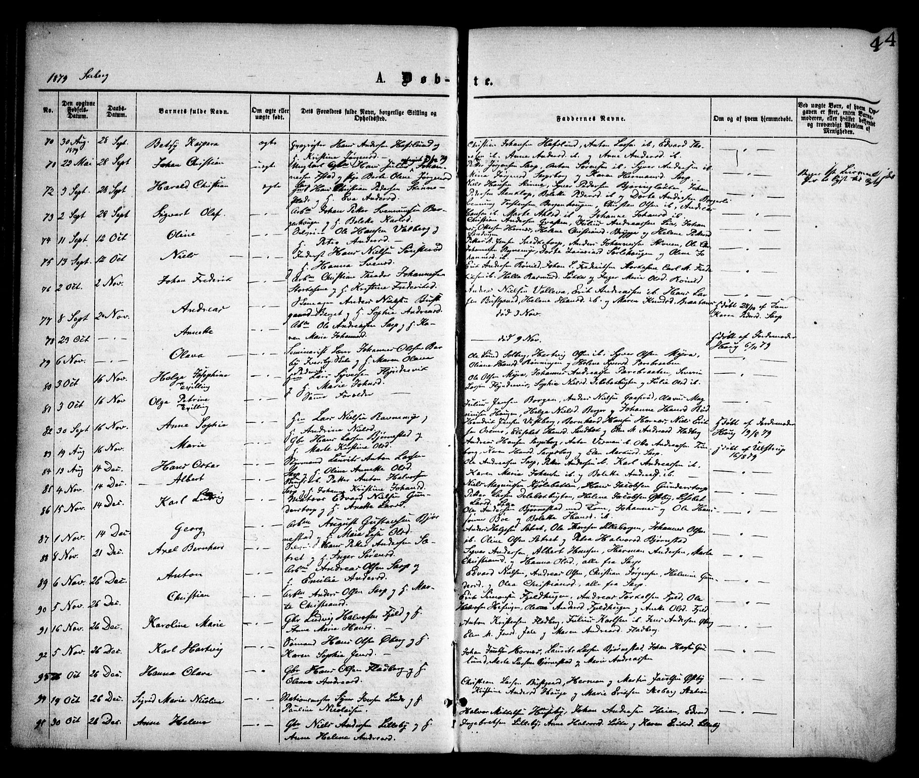 Skjeberg prestekontor Kirkebøker, AV/SAO-A-10923/F/Fa/L0008: Ministerialbok nr. I 8, 1869-1885, s. 44