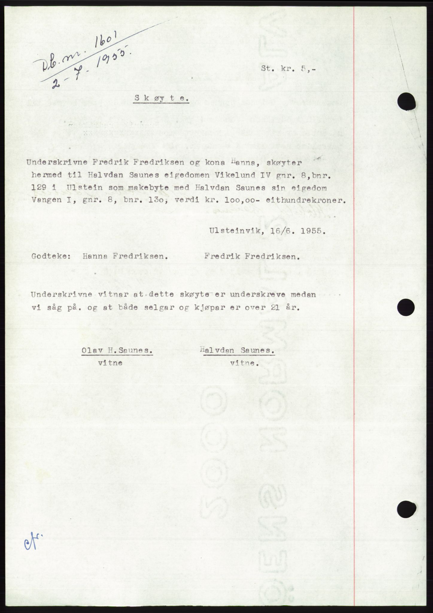 Søre Sunnmøre sorenskriveri, AV/SAT-A-4122/1/2/2C/L0101: Pantebok nr. 27A, 1955-1955, Dagboknr: 1601/1955