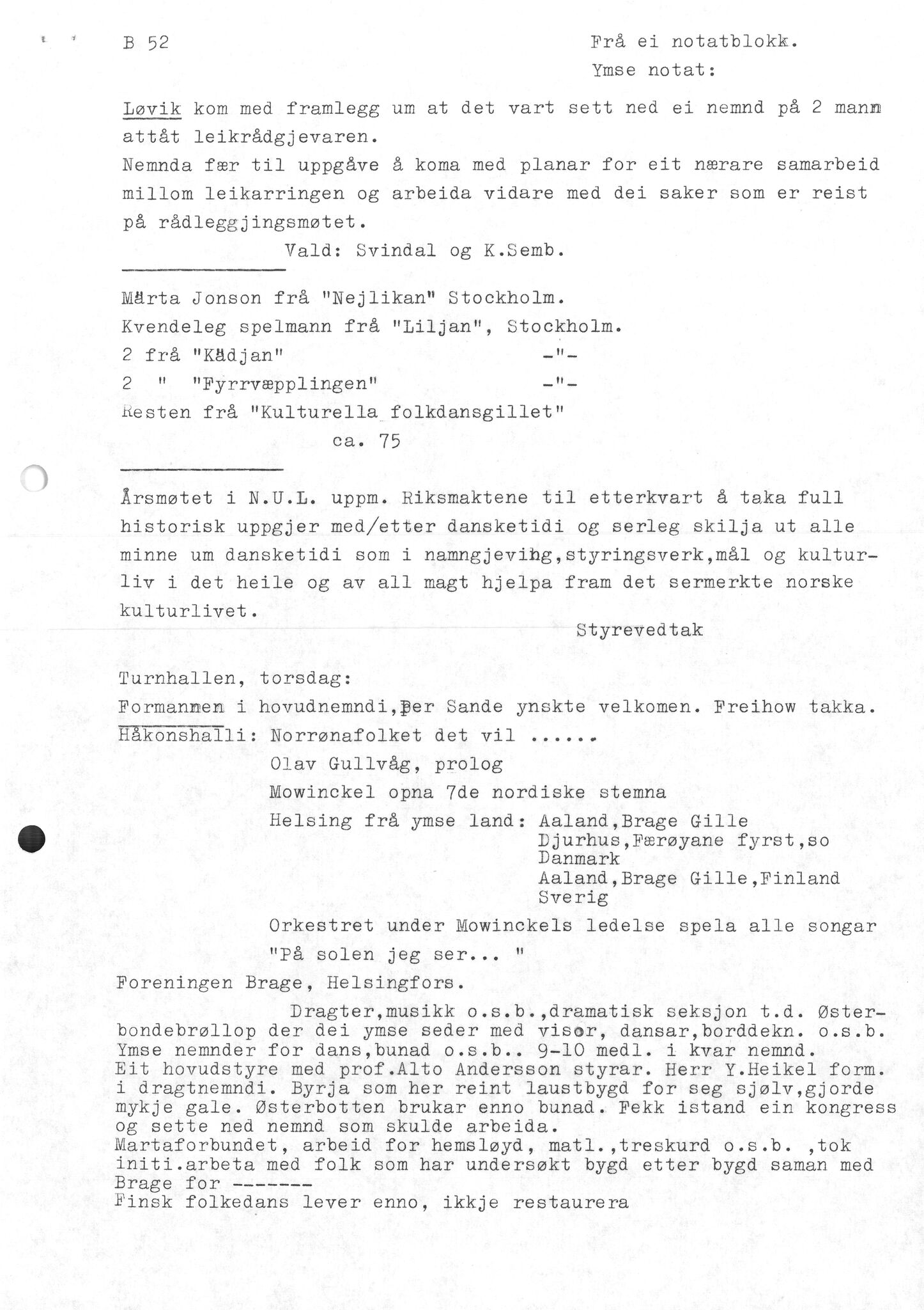 Samling etter Klara Semb, NSFF/KS/B/052: Notatblokk med notatar frå leikmøte, notatar om spelemenn, s. 1-7