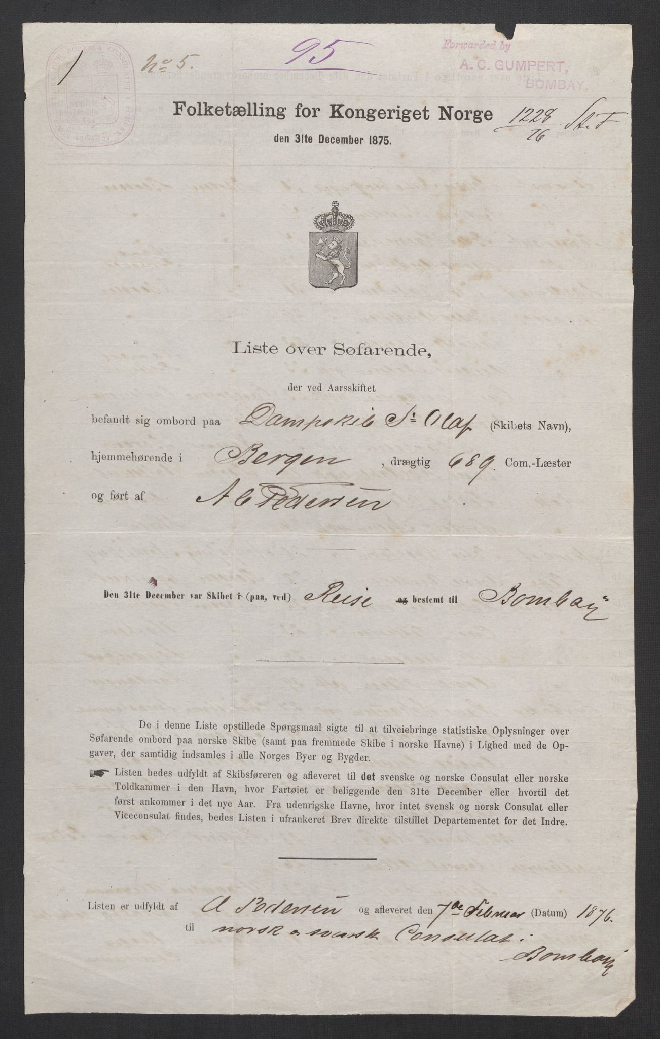 RA, Folketelling 1875, skipslister: Skip i utenrikske havner, hjemmehørende i 1) byer og ladesteder, Grimstad - Tromsø, 2) landdistrikter, 1875, s. 1005