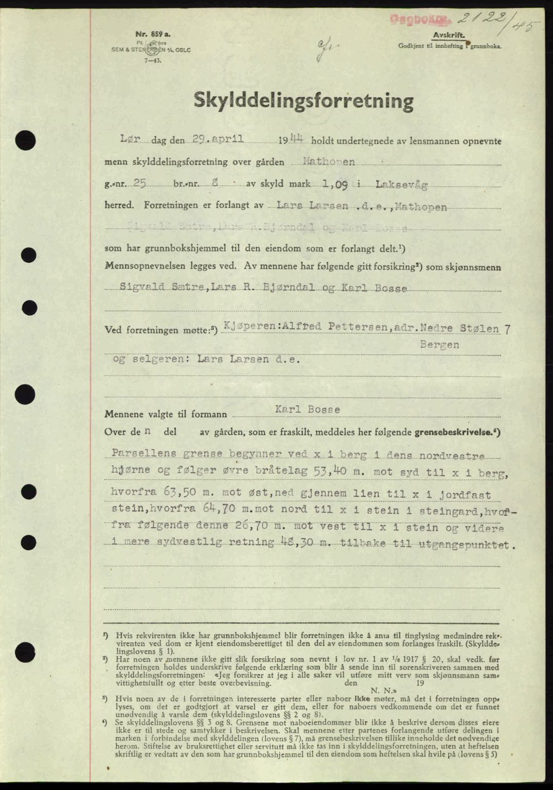 Midhordland sorenskriveri, SAB/A-3001/1/G/Gb/Gbk/L0008: Pantebok nr. A36-41, 1944-1945, Dagboknr: 2122/1945
