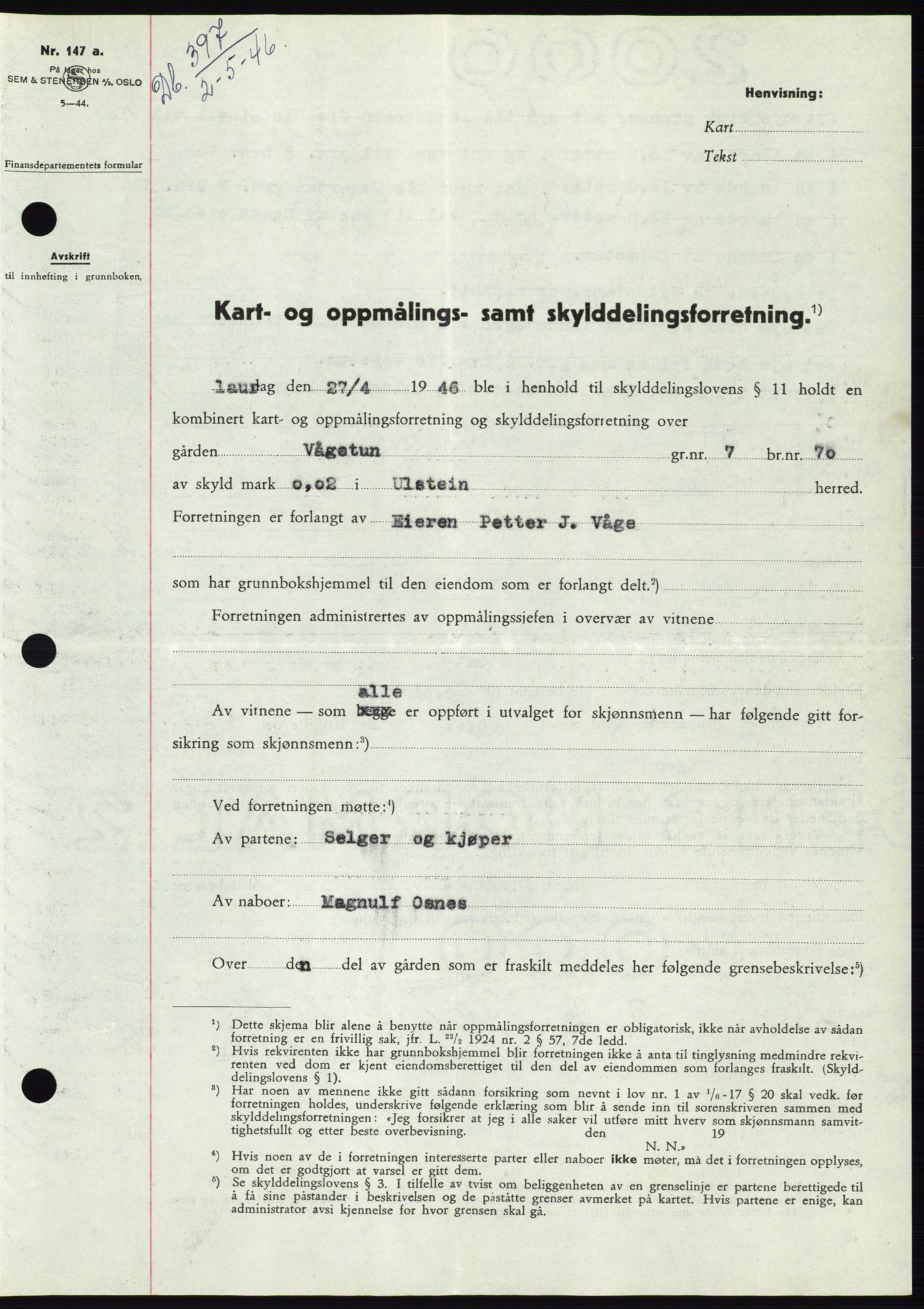 Søre Sunnmøre sorenskriveri, SAT/A-4122/1/2/2C/L0078: Pantebok nr. 4A, 1946-1946, Dagboknr: 397/1946