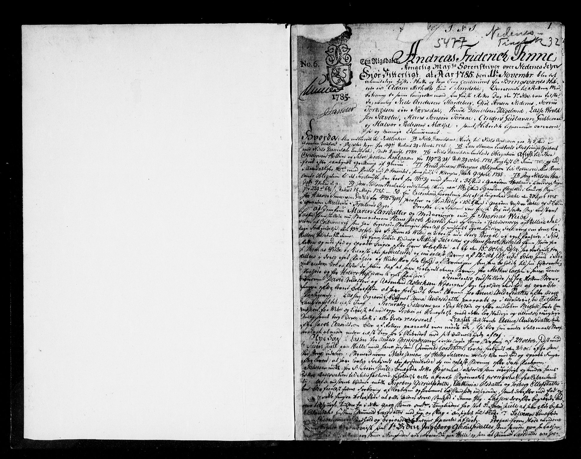 Nedenes sorenskriveri før 1824, AV/SAK-1221-0007/F/Fa/L0037: Tingbok med register nr 32, 1785-1787, s. 0b-1a