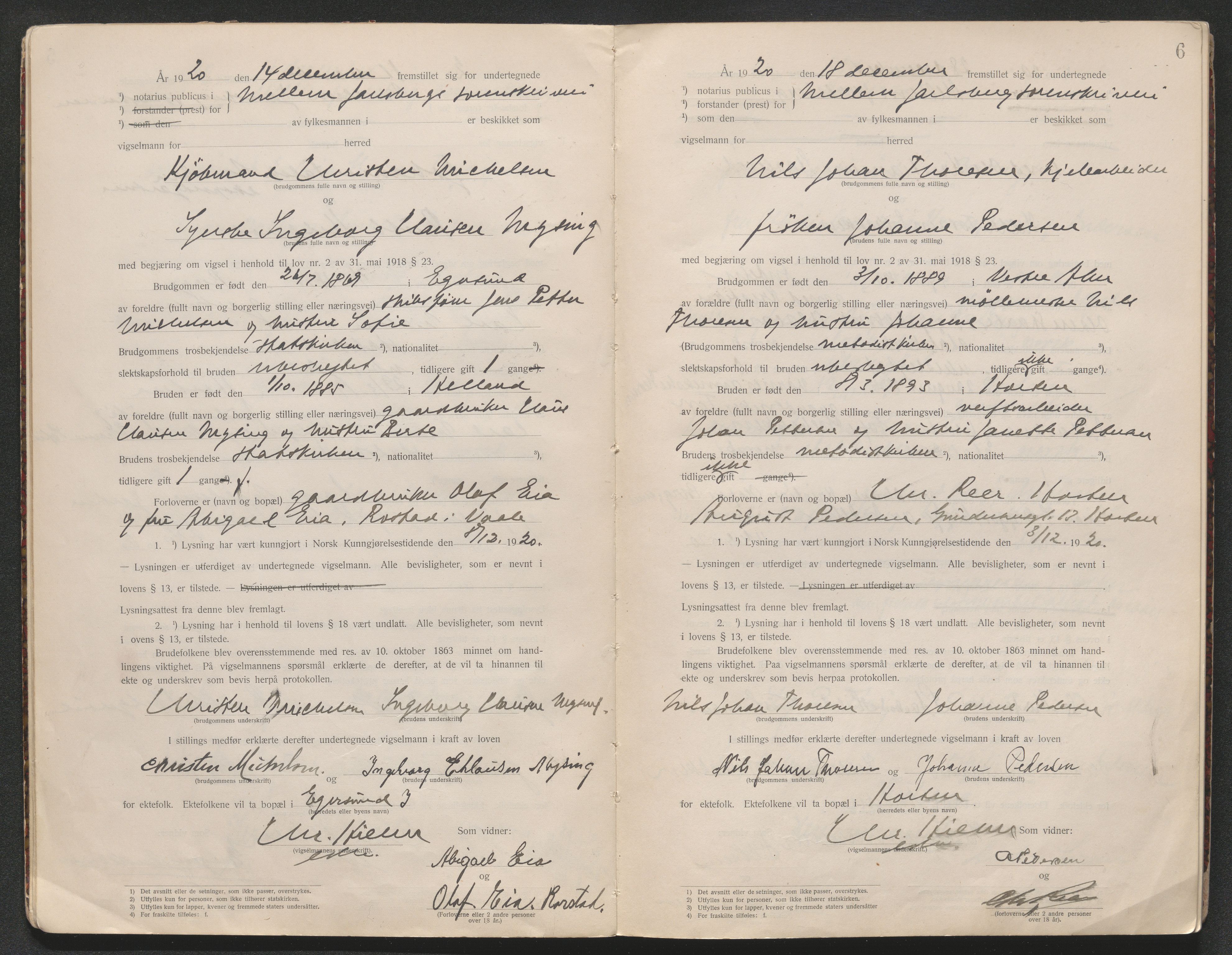 Horten sorenskriveri, AV/SAKO-A-133/L/Lc/L0001: Vigselsbok, 1920-1941, s. 6