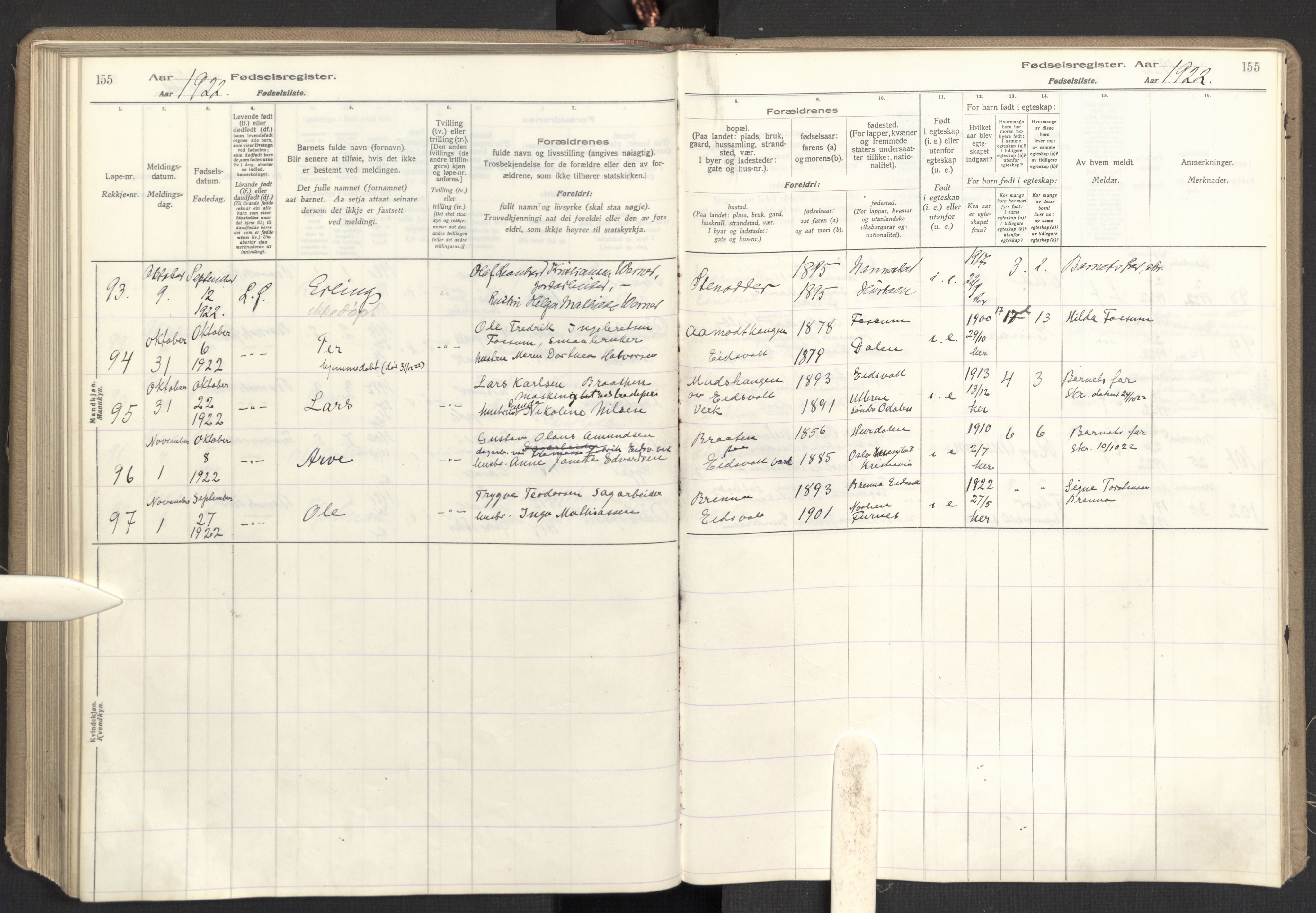 Eidsvoll prestekontor Kirkebøker, AV/SAO-A-10888/J/Ja/L0001: Fødselsregister nr. I 1, 1916-1924, s. 155