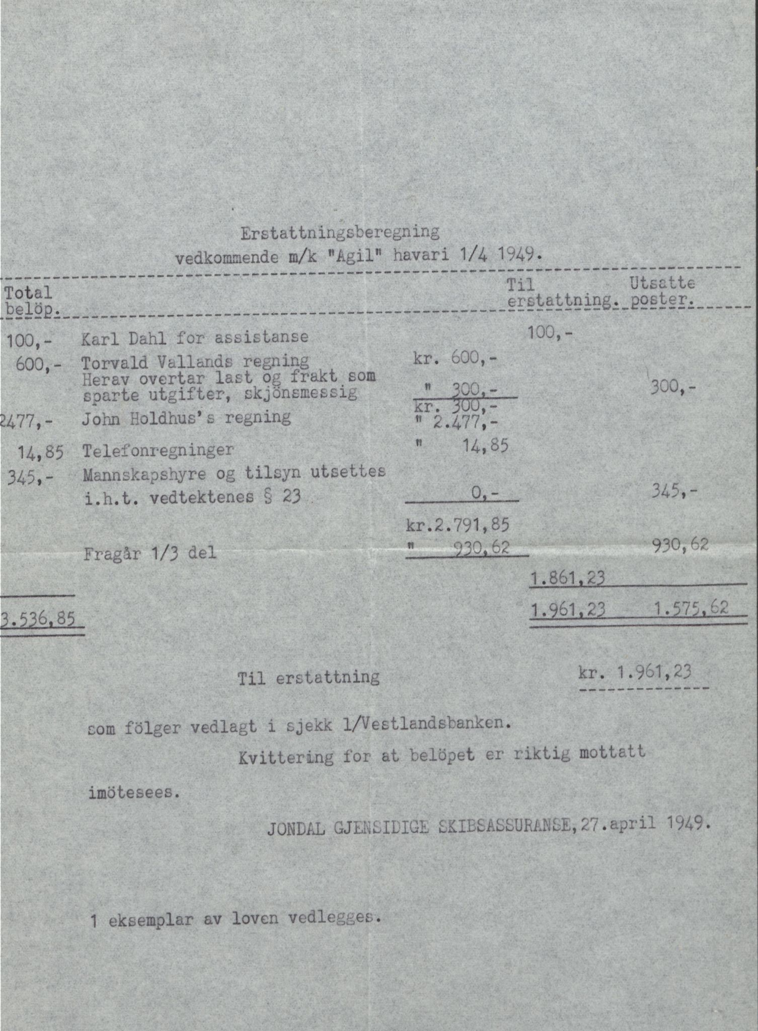 Jondal Skipsassuranseforening, AV/SAB-SAB/PA-0276/E/L0116: Korrespondanse , 1949-1950