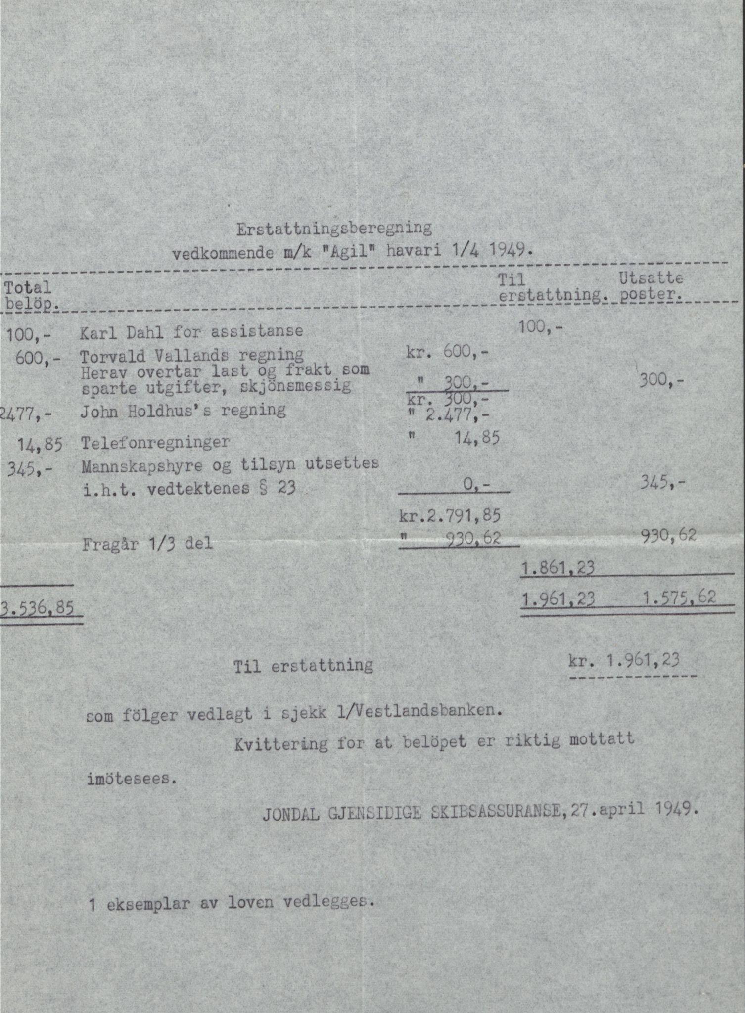 Jondal Skipsassuranseforening, SAB/SAB/PA-0276/E/L0116: Korrespondanse , 1949-1950
