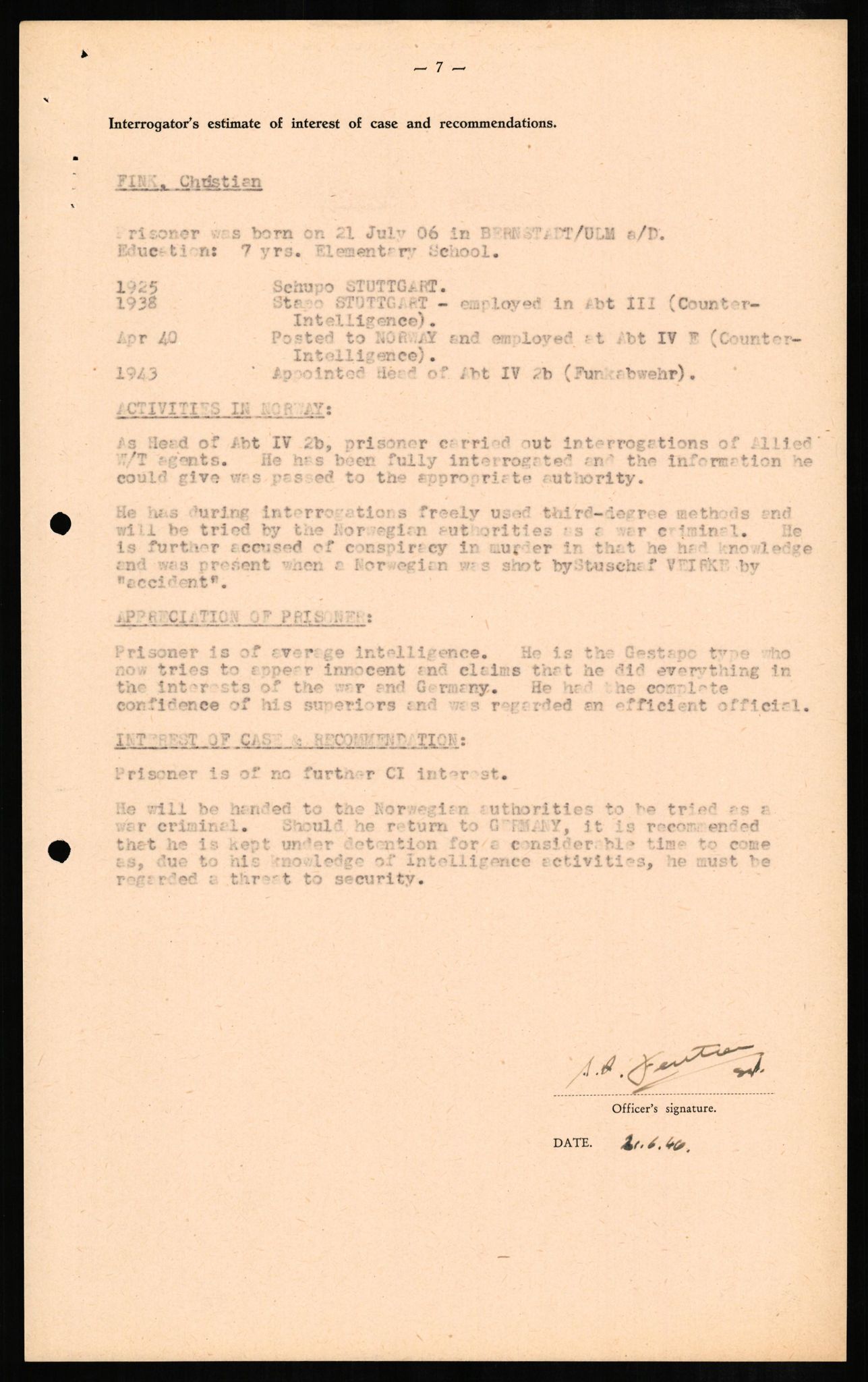 Forsvaret, Forsvarets overkommando II, AV/RA-RAFA-3915/D/Db/L0008: CI Questionaires. Tyske okkupasjonsstyrker i Norge. Tyskere., 1945-1946, s. 81