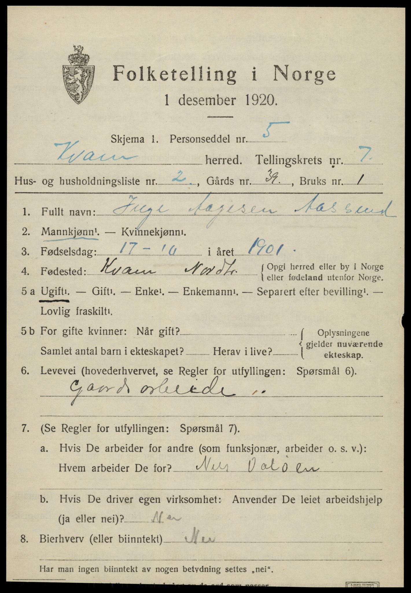 SAT, Folketelling 1920 for 1735 Kvam herred, 1920, s. 1819