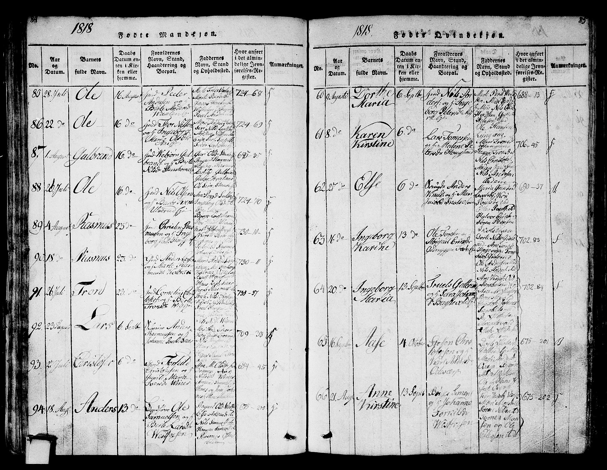 Eiker kirkebøker, AV/SAKO-A-4/G/Ga/L0001: Klokkerbok nr. I 1, 1814-1832, s. 84-85
