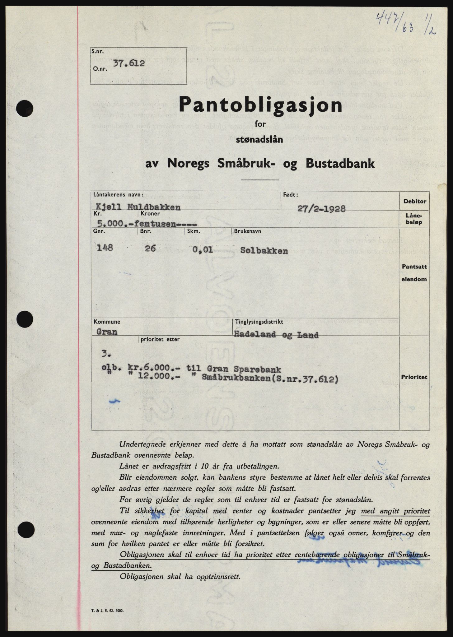 Hadeland og Land tingrett, SAH/TING-010/H/Hb/Hbc/L0050: Pantebok nr. B50, 1962-1963, Dagboknr: 447/1963