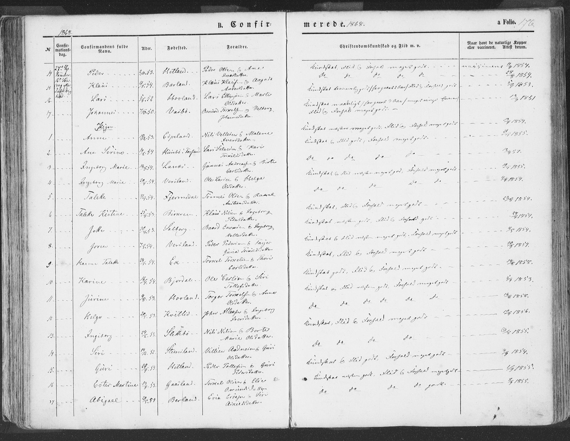 Helleland sokneprestkontor, SAST/A-101810: Ministerialbok nr. A 7.1, 1863-1886, s. 176