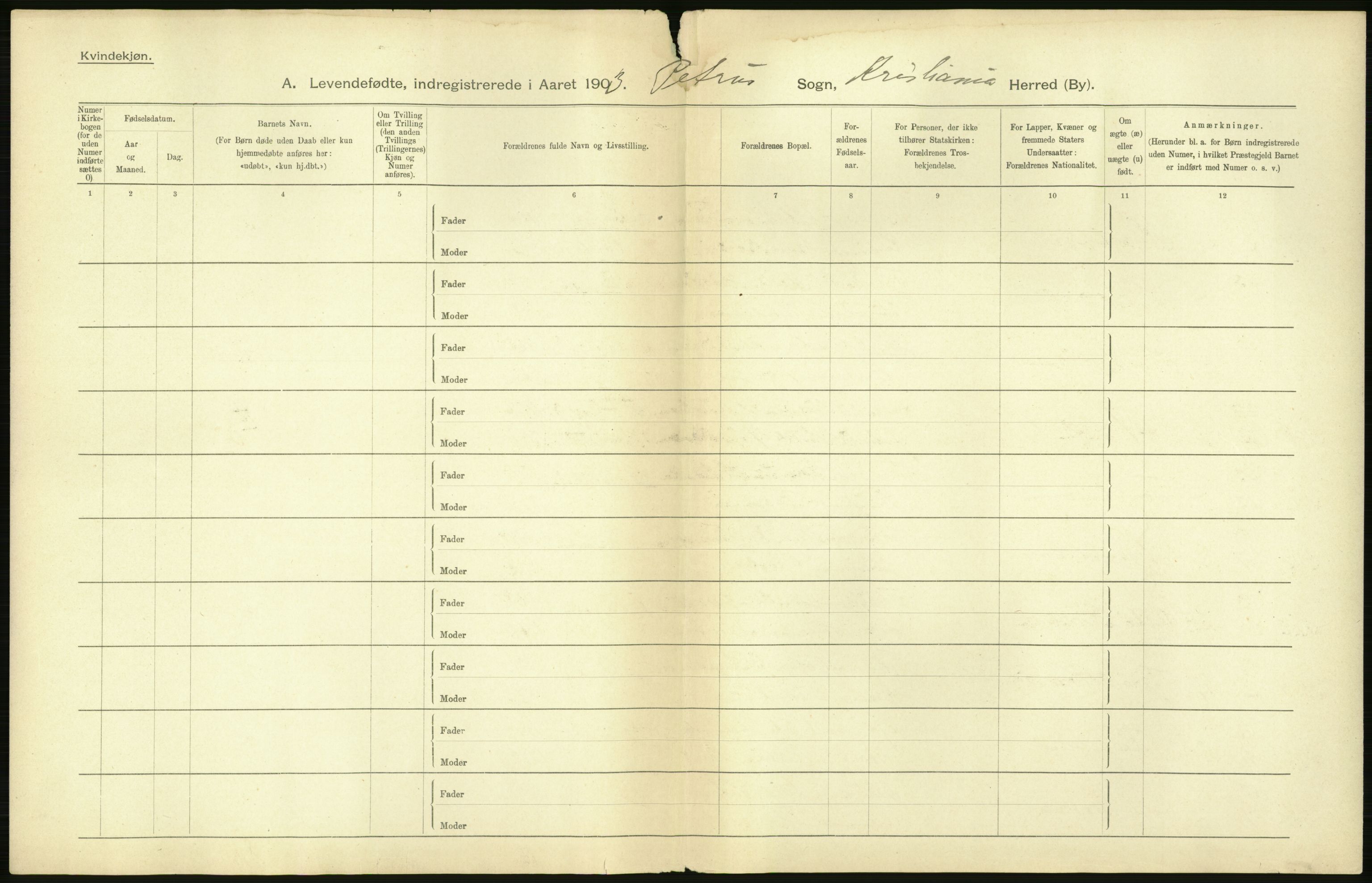 Statistisk sentralbyrå, Sosiodemografiske emner, Befolkning, AV/RA-S-2228/D/Df/Dfa/Dfaa/L0003: Kristiania: Fødte, 1903, s. 4