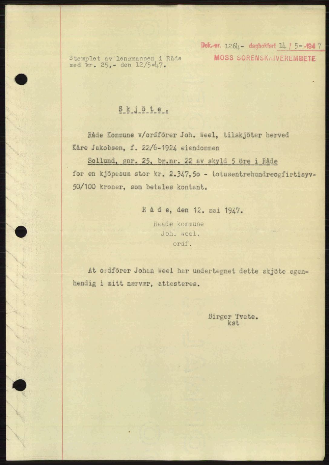 Moss sorenskriveri, SAO/A-10168: Pantebok nr. A17, 1947-1947, Dagboknr: 1264/1947