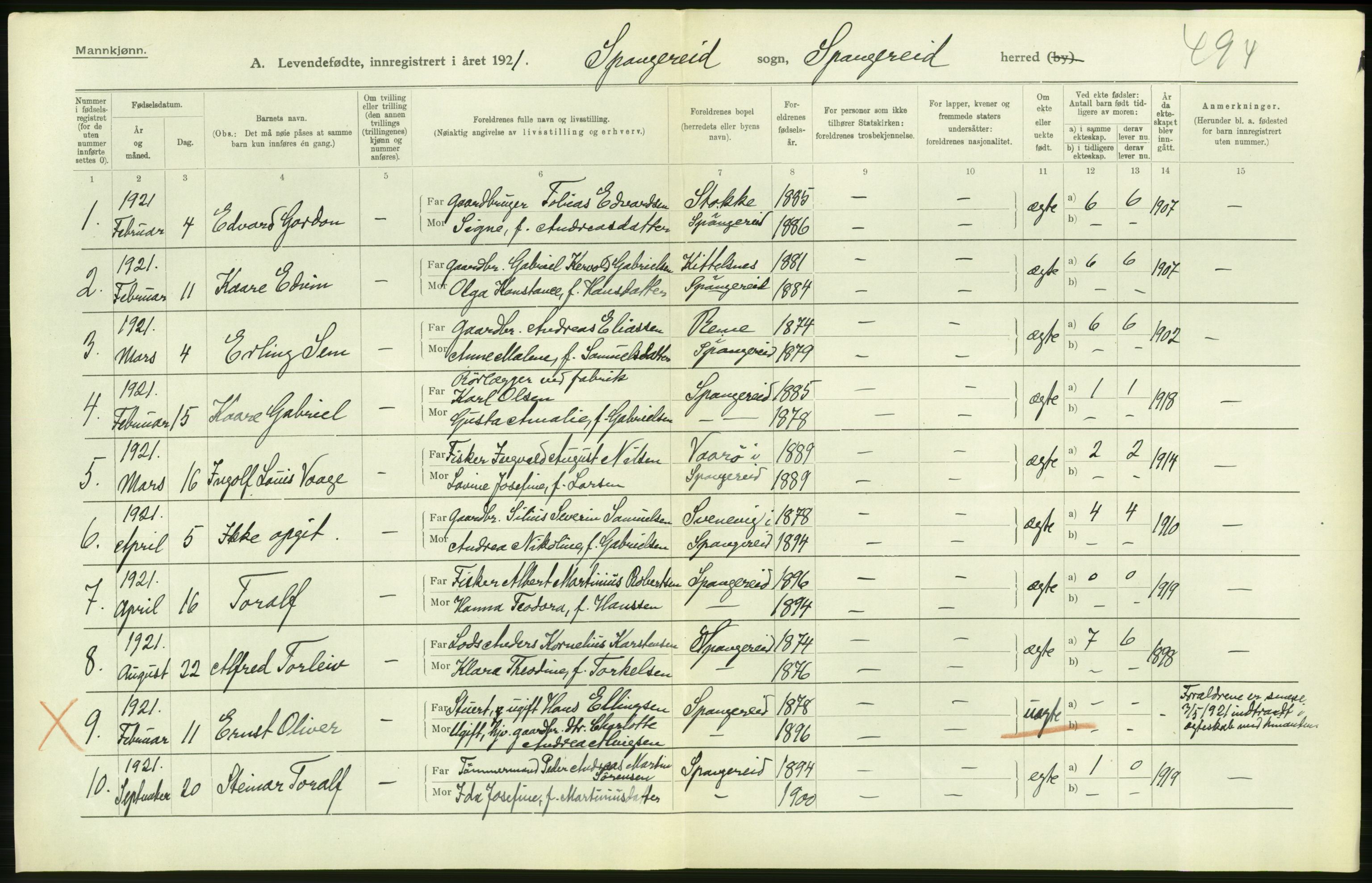 Statistisk sentralbyrå, Sosiodemografiske emner, Befolkning, AV/RA-S-2228/D/Df/Dfc/Dfca/L0026: Vest-Agder fylke: Levendefødte menn og kvinner. Bygder og byer., 1921, s. 98