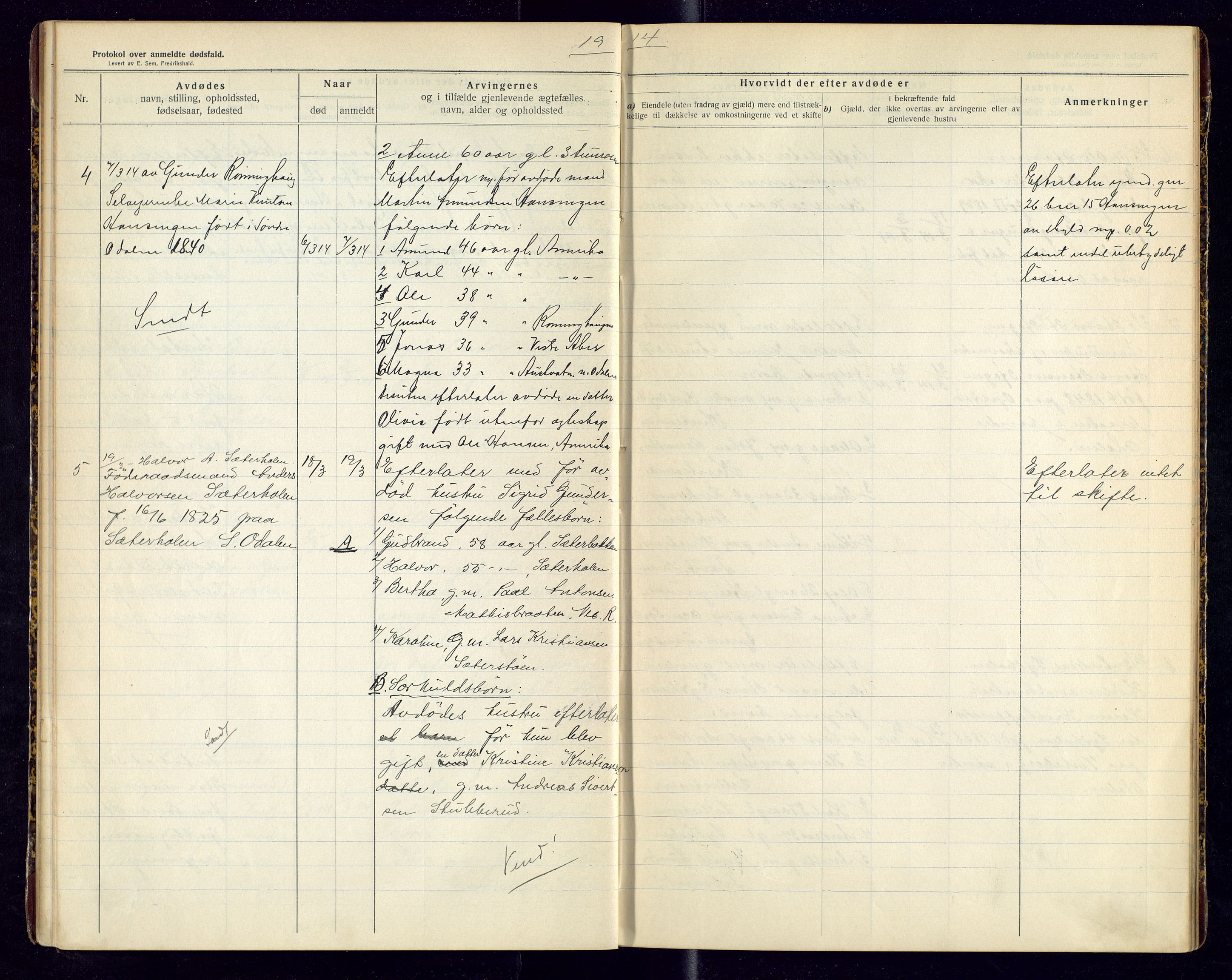 Sør-Odal lensmannskontor, SAH/LHS-022/H/Hb/L0002/0001: Protokoller over anmeldte dødsfall / Protokoll over anmeldte dødsfall, 1913-1915