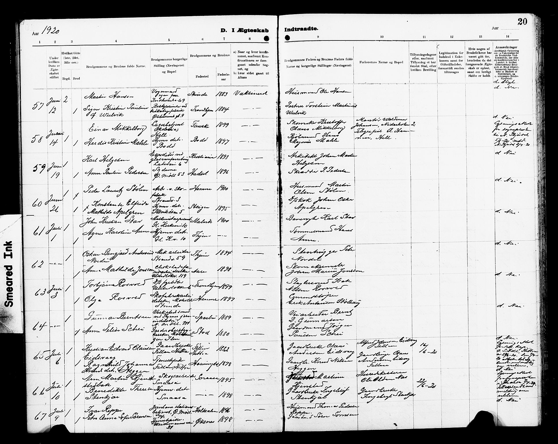 Ministerialprotokoller, klokkerbøker og fødselsregistre - Sør-Trøndelag, SAT/A-1456/605/L0257: Klokkerbok nr. 605C04, 1916-1922, s. 20