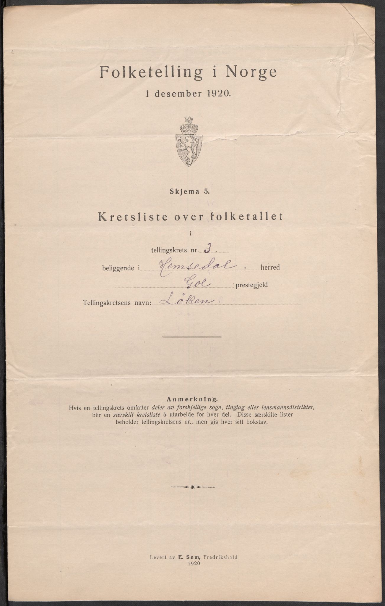 SAKO, Folketelling 1920 for 0618 Hemsedal herred, 1920, s. 11