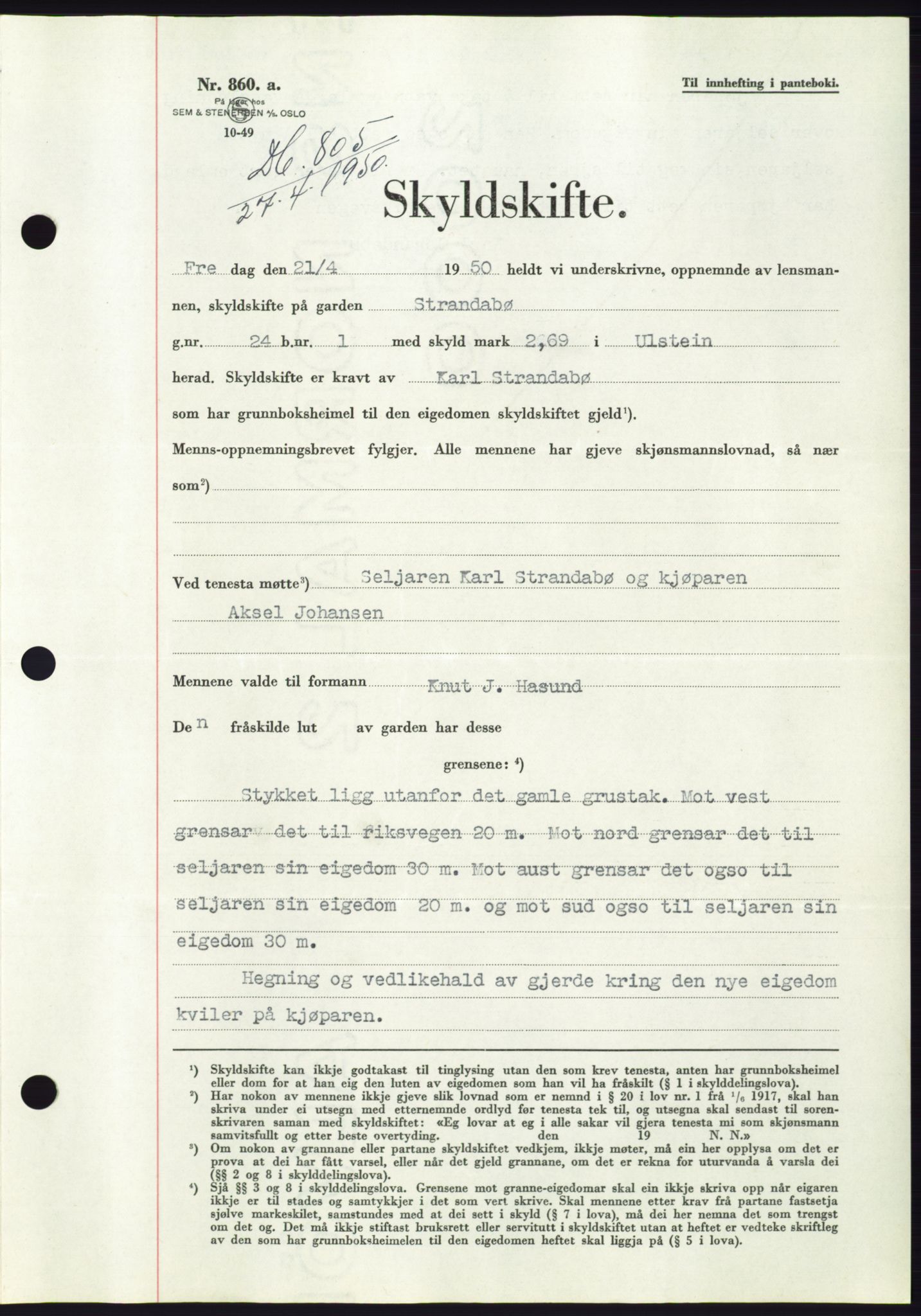 Søre Sunnmøre sorenskriveri, SAT/A-4122/1/2/2C/L0086: Pantebok nr. 12A, 1949-1950, Dagboknr: 805/1950