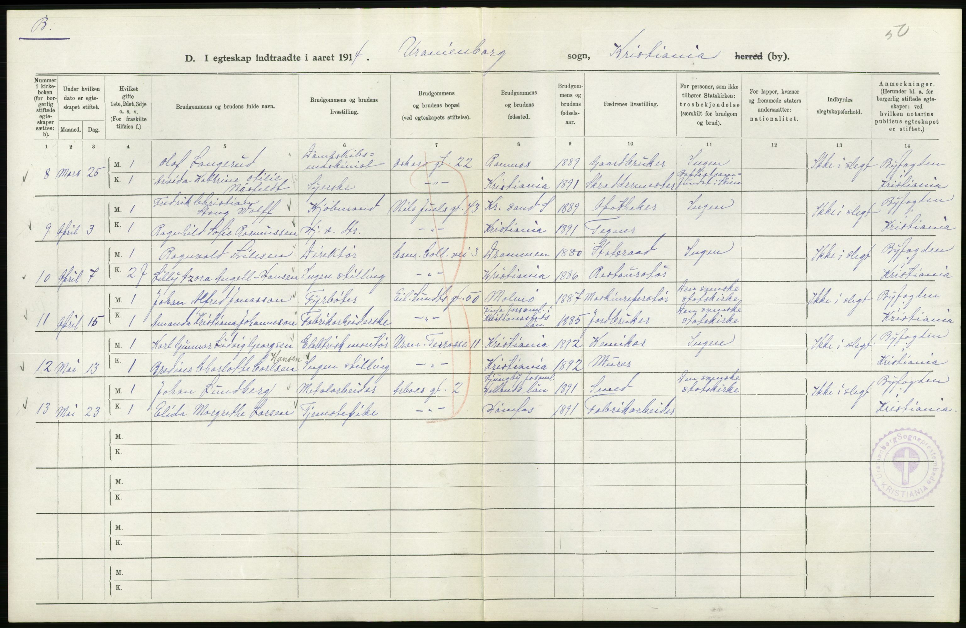 Statistisk sentralbyrå, Sosiodemografiske emner, Befolkning, RA/S-2228/D/Df/Dfb/Dfbd/L0007: Kristiania: Gifte, 1914, s. 764