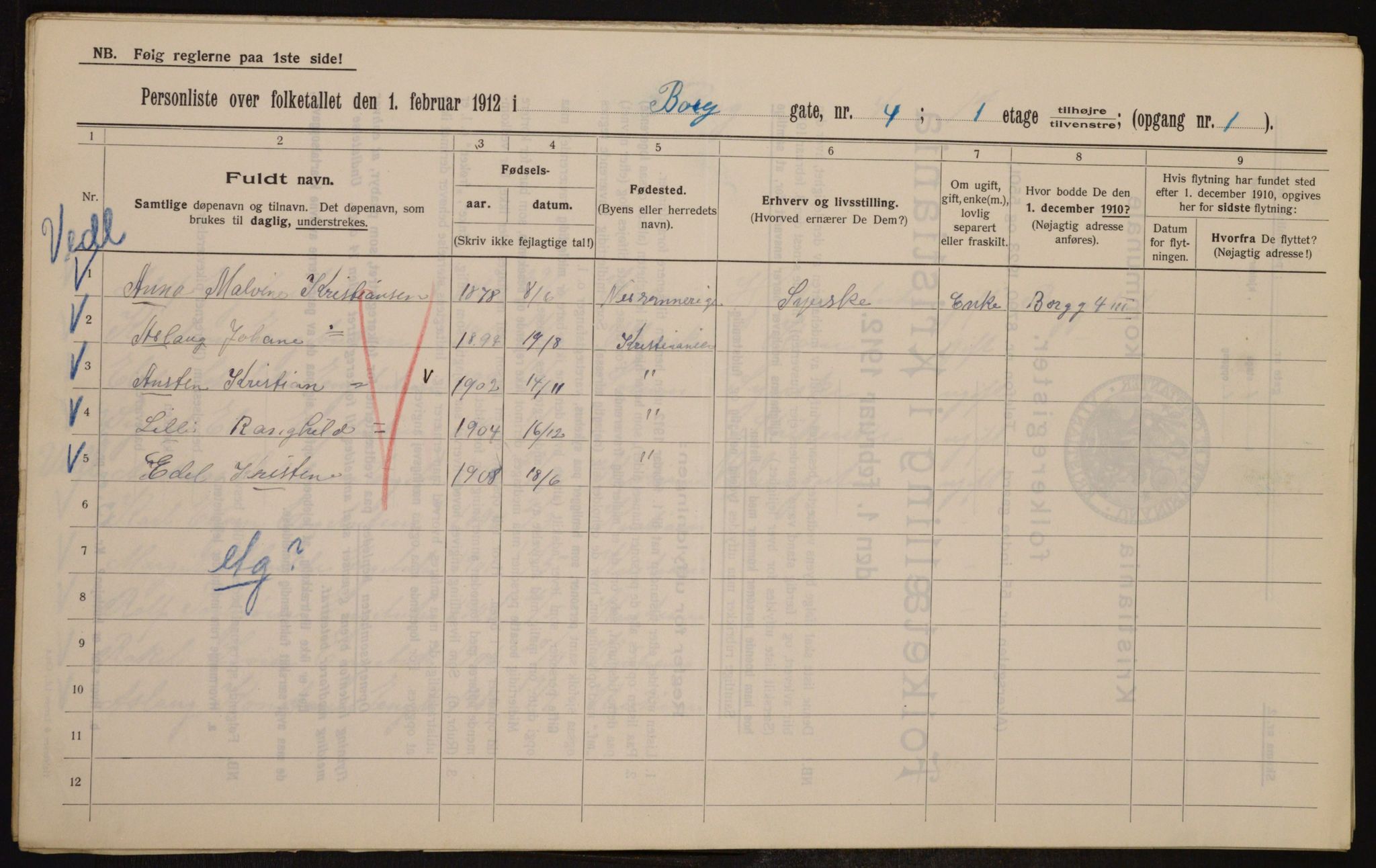 OBA, Kommunal folketelling 1.2.1912 for Kristiania, 1912, s. 7566