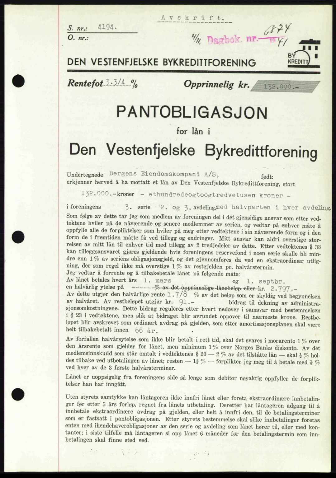 Byfogd og Byskriver i Bergen, SAB/A-3401/03/03Bd/L0001: Pantebok nr. B1-25, 1936-1945, Dagboknr: 6874/1941