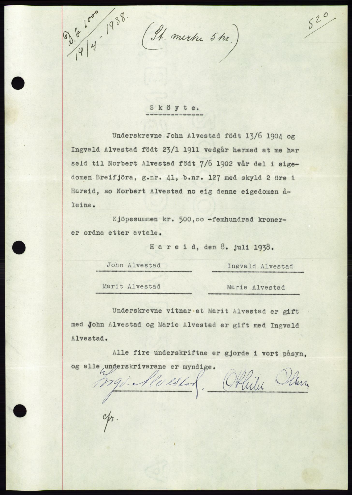 Søre Sunnmøre sorenskriveri, AV/SAT-A-4122/1/2/2C/L0065: Pantebok nr. 59, 1938-1938, Dagboknr: 1000/1938