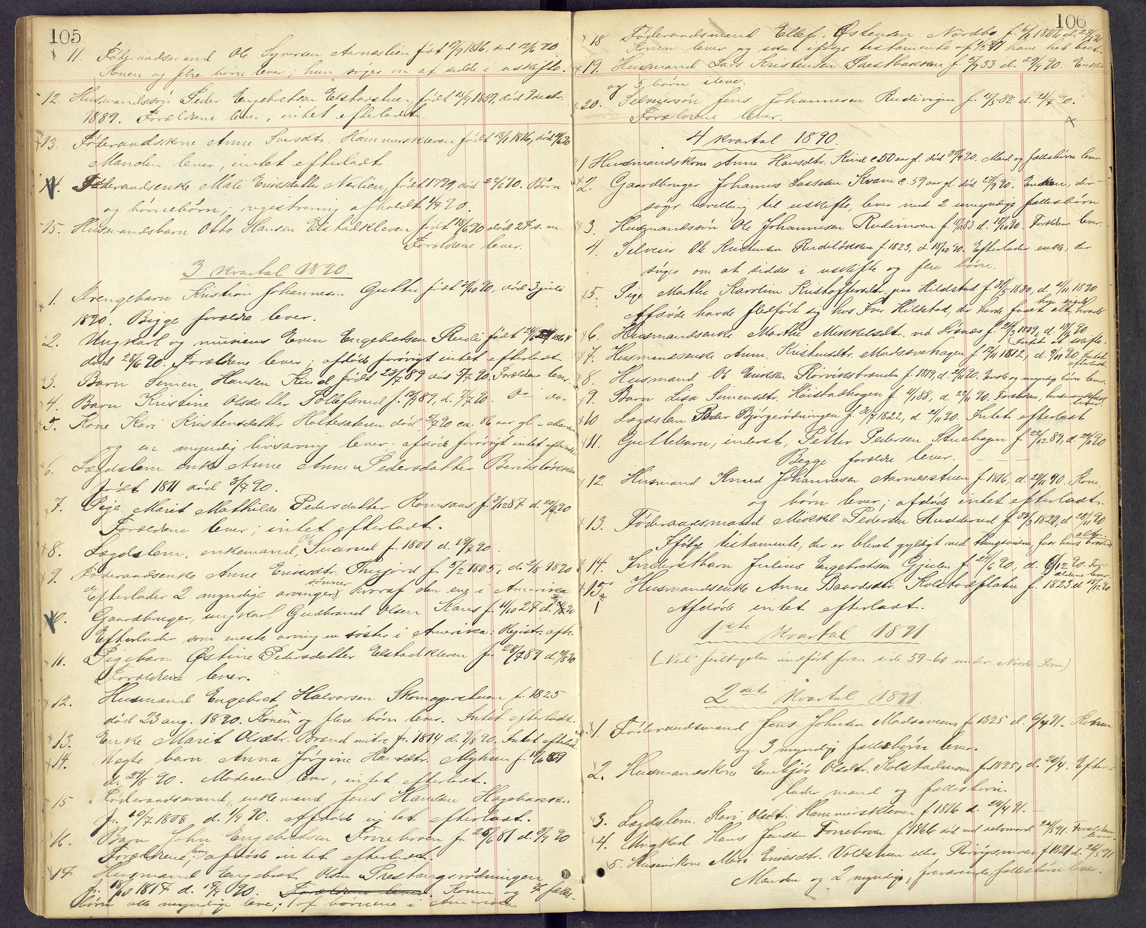 Mellom-Gudbrandsdal sorenskriveri, SAH/TING-038/J/Jf/L0002: Dødsfallsprotokoll, 1885-1900, s. 105-106