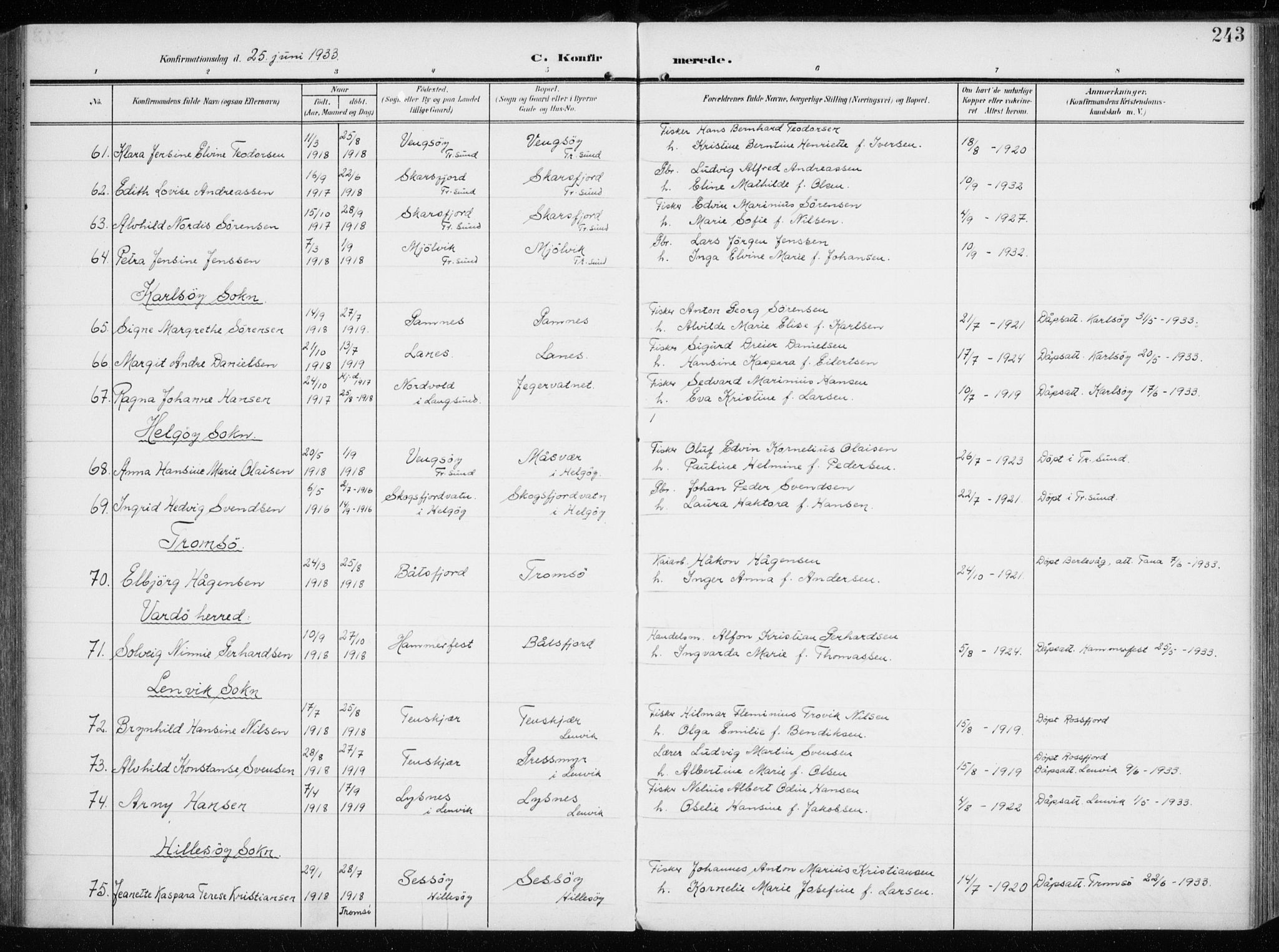 Tromsøysund sokneprestkontor, AV/SATØ-S-1304/G/Ga/L0007kirke: Ministerialbok nr. 7, 1907-1914, s. 243