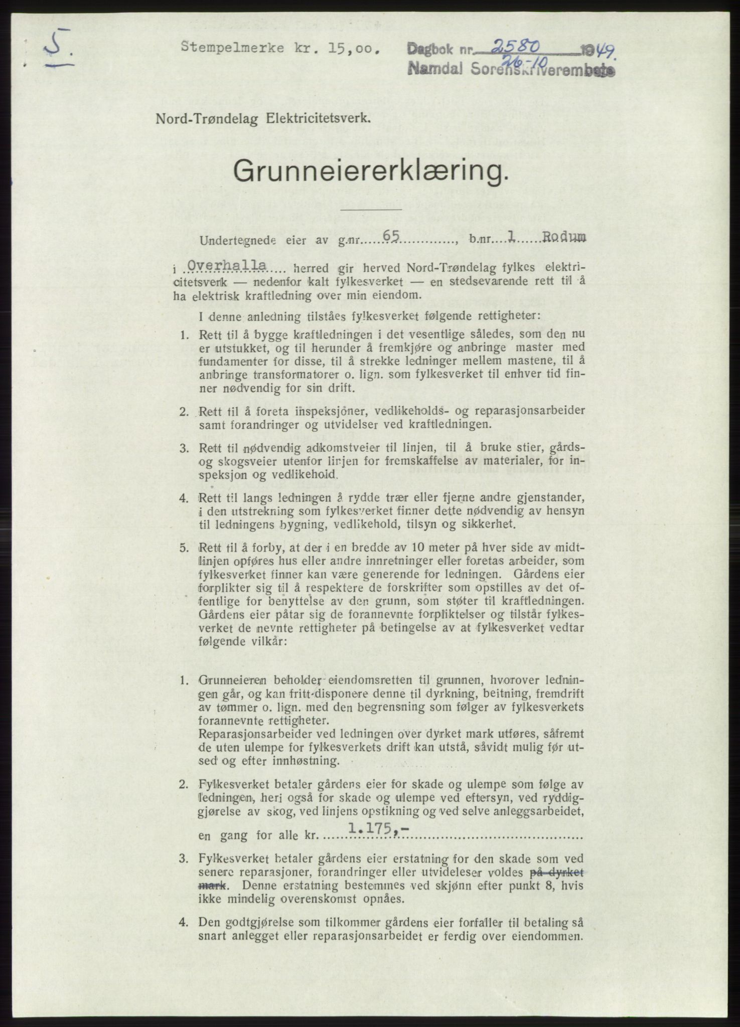Namdal sorenskriveri, SAT/A-4133/1/2/2C: Pantebok nr. -, 1949-1949, Dagboknr: 2580/1949