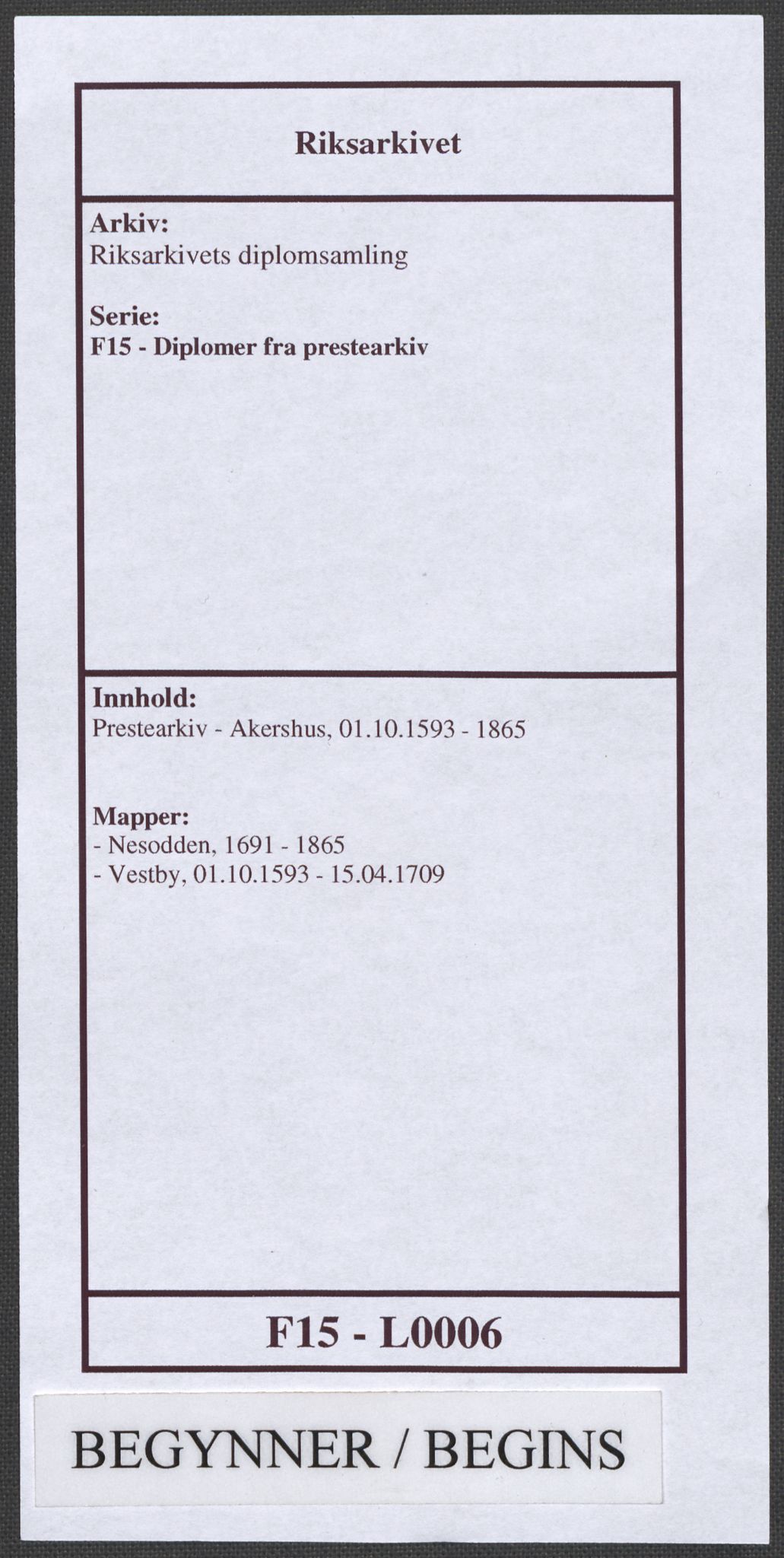 Riksarkivets diplomsamling, RA/EA-5965/F15/L0006: Prestearkiv - Akershus, 1593-1865, s. 1