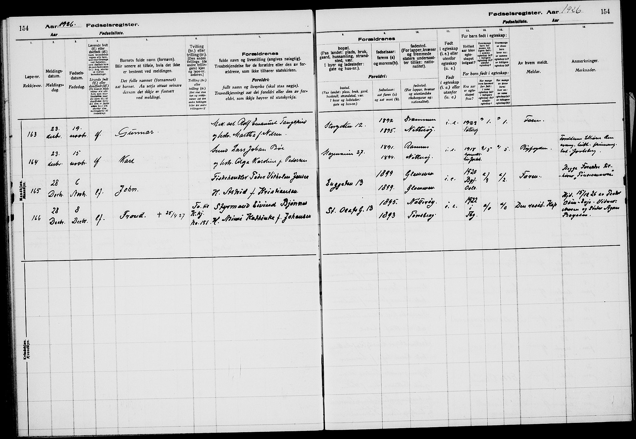 Tønsberg kirkebøker, AV/SAKO-A-330/J/Ja/L0002: Fødselsregister nr. 2, 1922-1928, s. 154