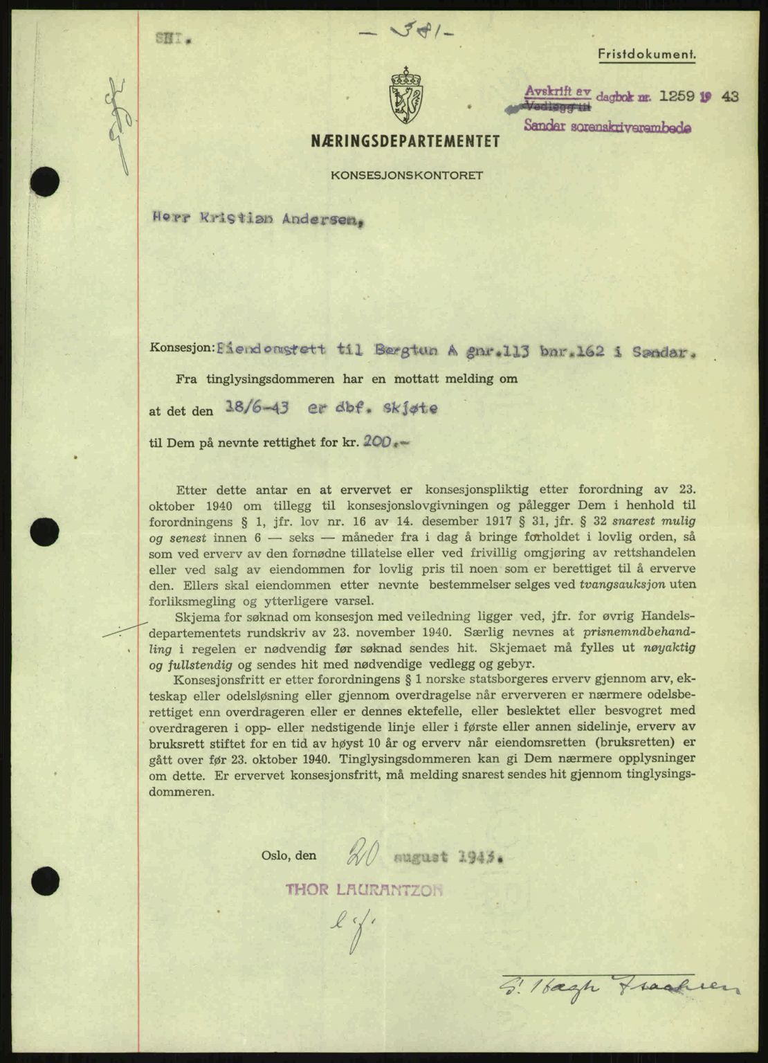 Sandar sorenskriveri, SAKO/A-86/G/Ga/Gab/L0001: Pantebok nr. B-1 og B-3 - B-9, 1936-1944, Dagboknr: 1259/1943