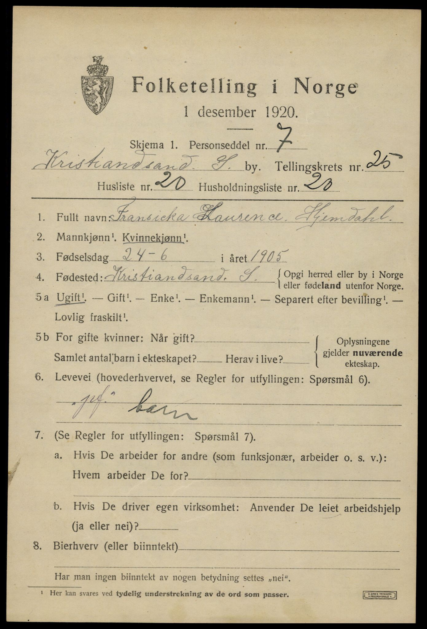 SAK, Folketelling 1920 for 1001 Kristiansand kjøpstad, 1920, s. 44005