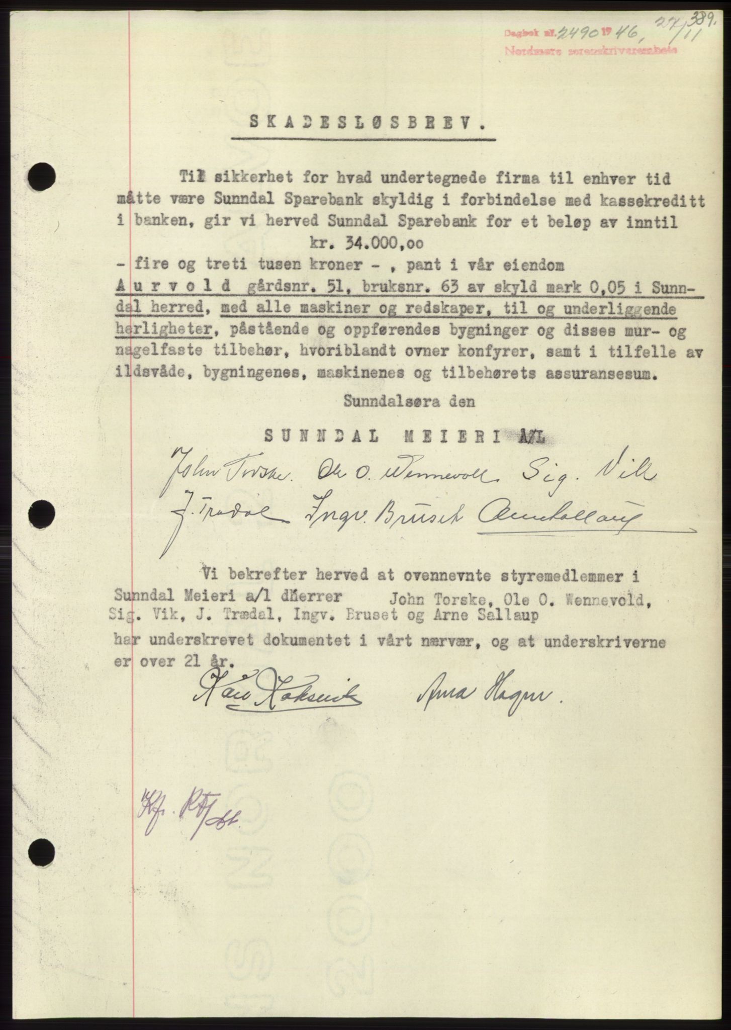 Nordmøre sorenskriveri, SAT/A-4132/1/2/2Ca: Pantebok nr. B95, 1946-1947, Dagboknr: 2490/1946