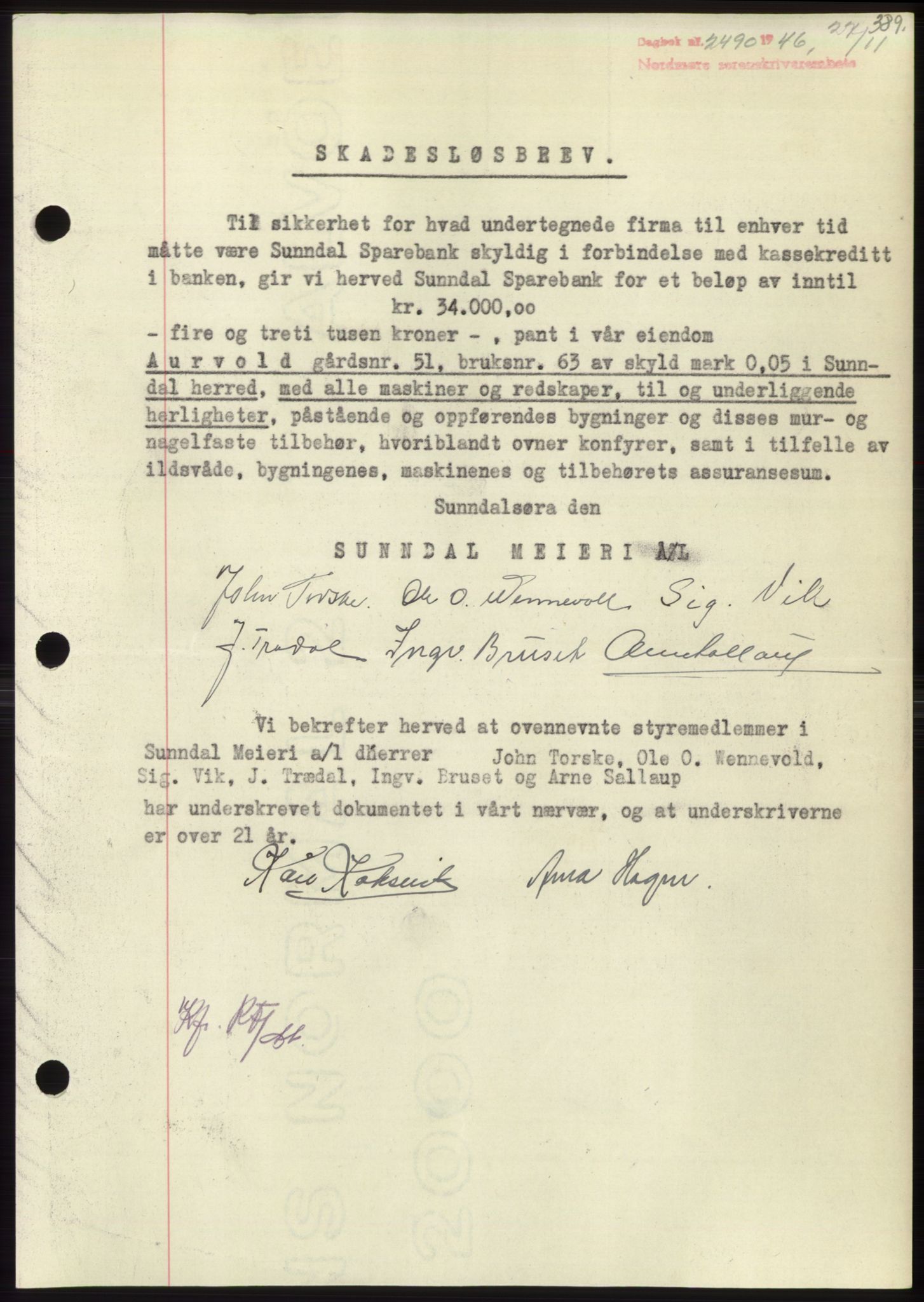 Nordmøre sorenskriveri, AV/SAT-A-4132/1/2/2Ca: Pantebok nr. B95, 1946-1947, Dagboknr: 2490/1946