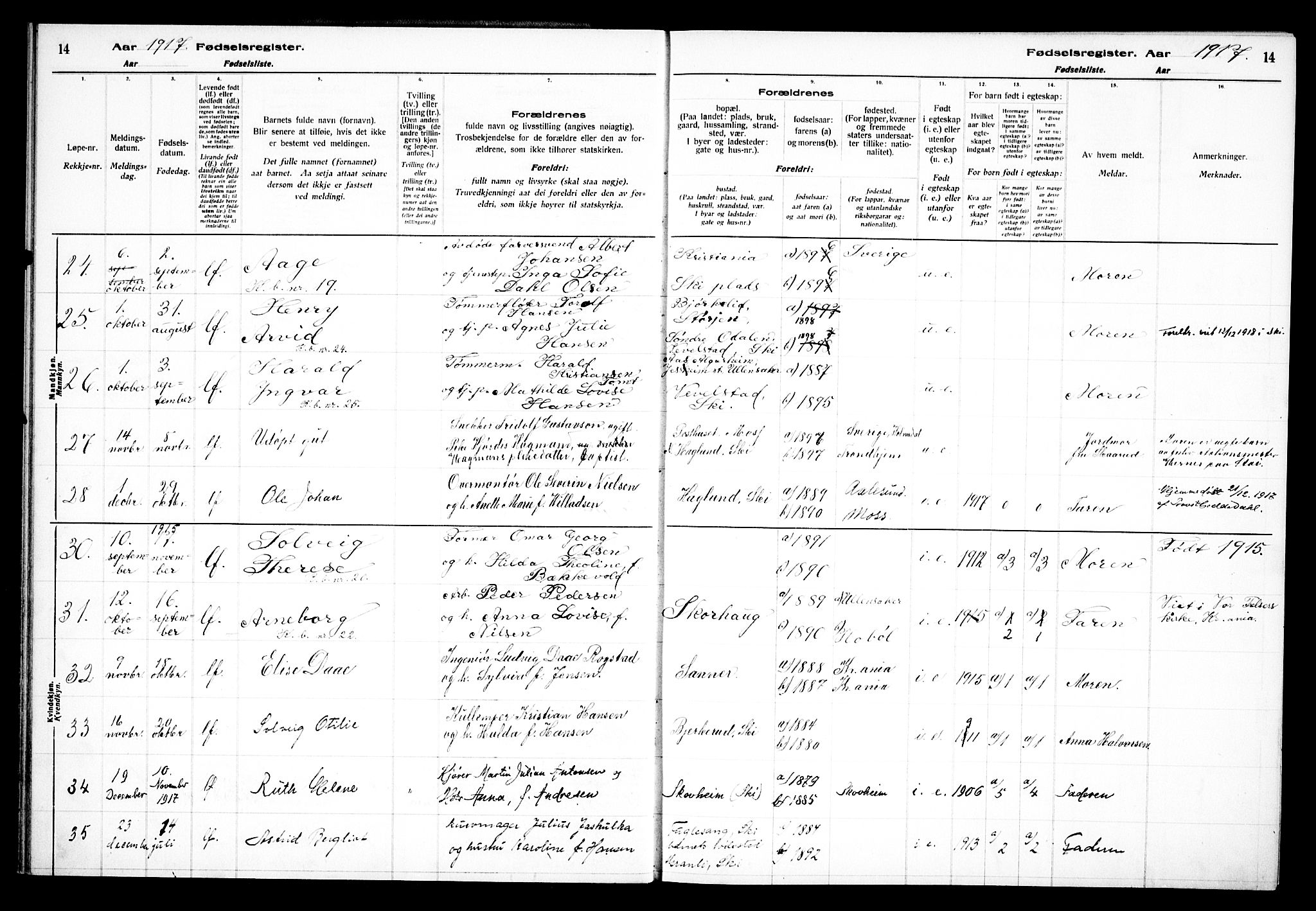 Kråkstad prestekontor Kirkebøker, AV/SAO-A-10125a/J/Jb/L0001: Fødselsregister nr. II 1, 1916-1936, s. 14