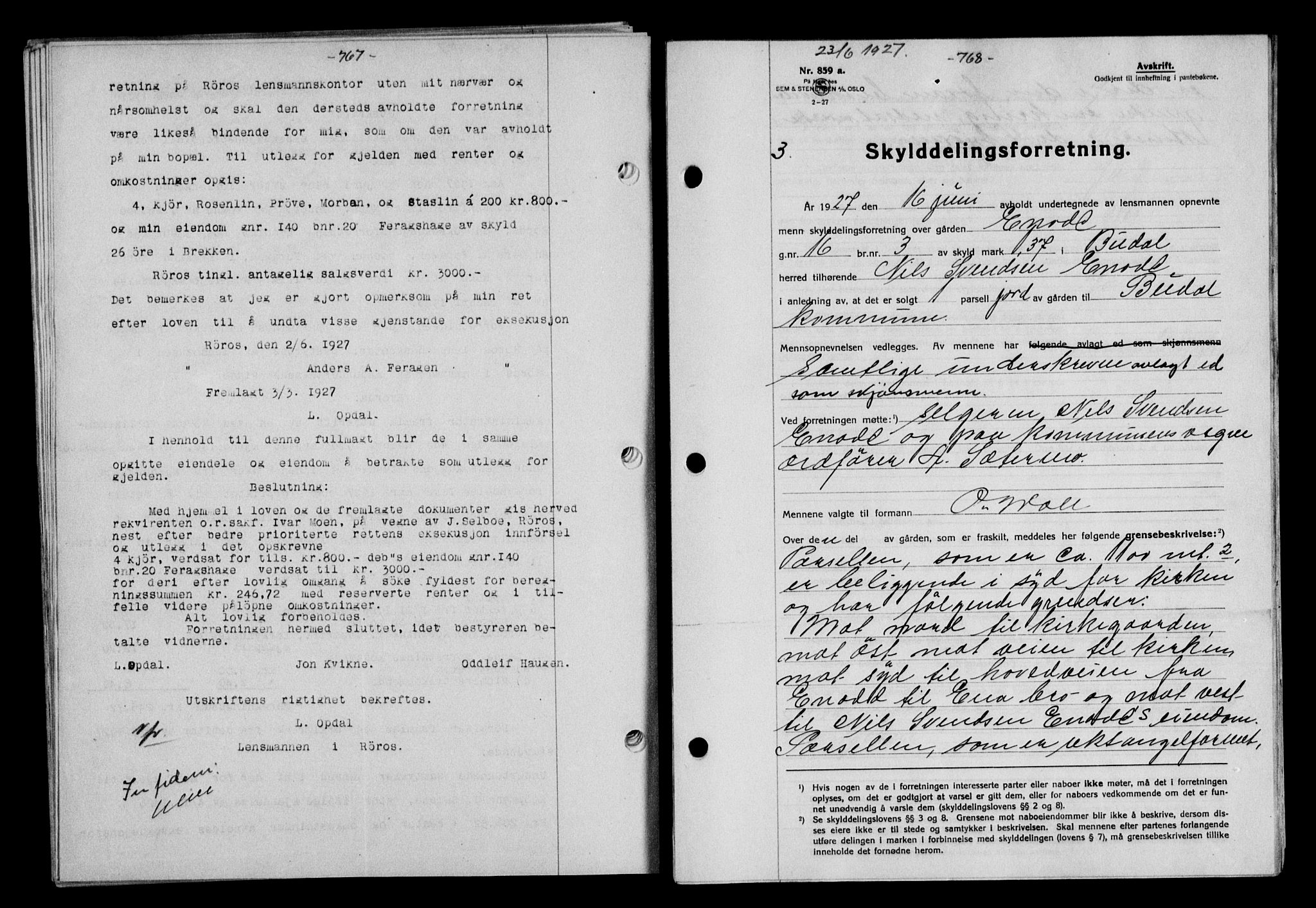 Gauldal sorenskriveri, SAT/A-0014/1/2/2C/L0035: Pantebok nr. 36, 1926-1927, s. 767-768, Tingl.dato: 23.06.1927