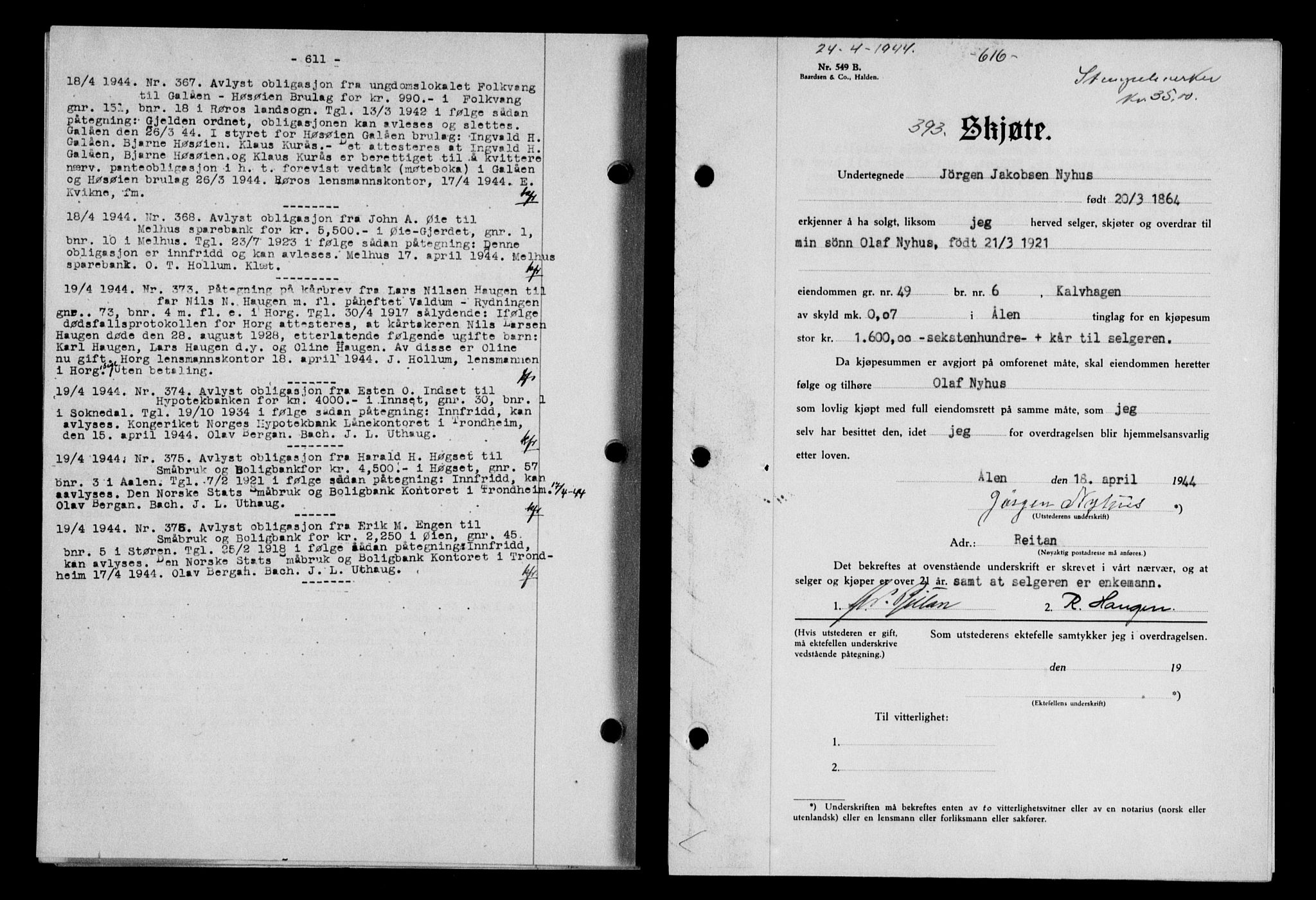 Gauldal sorenskriveri, SAT/A-0014/1/2/2C/L0057: Pantebok nr. 62, 1943-1944, Dagboknr: 393/1944