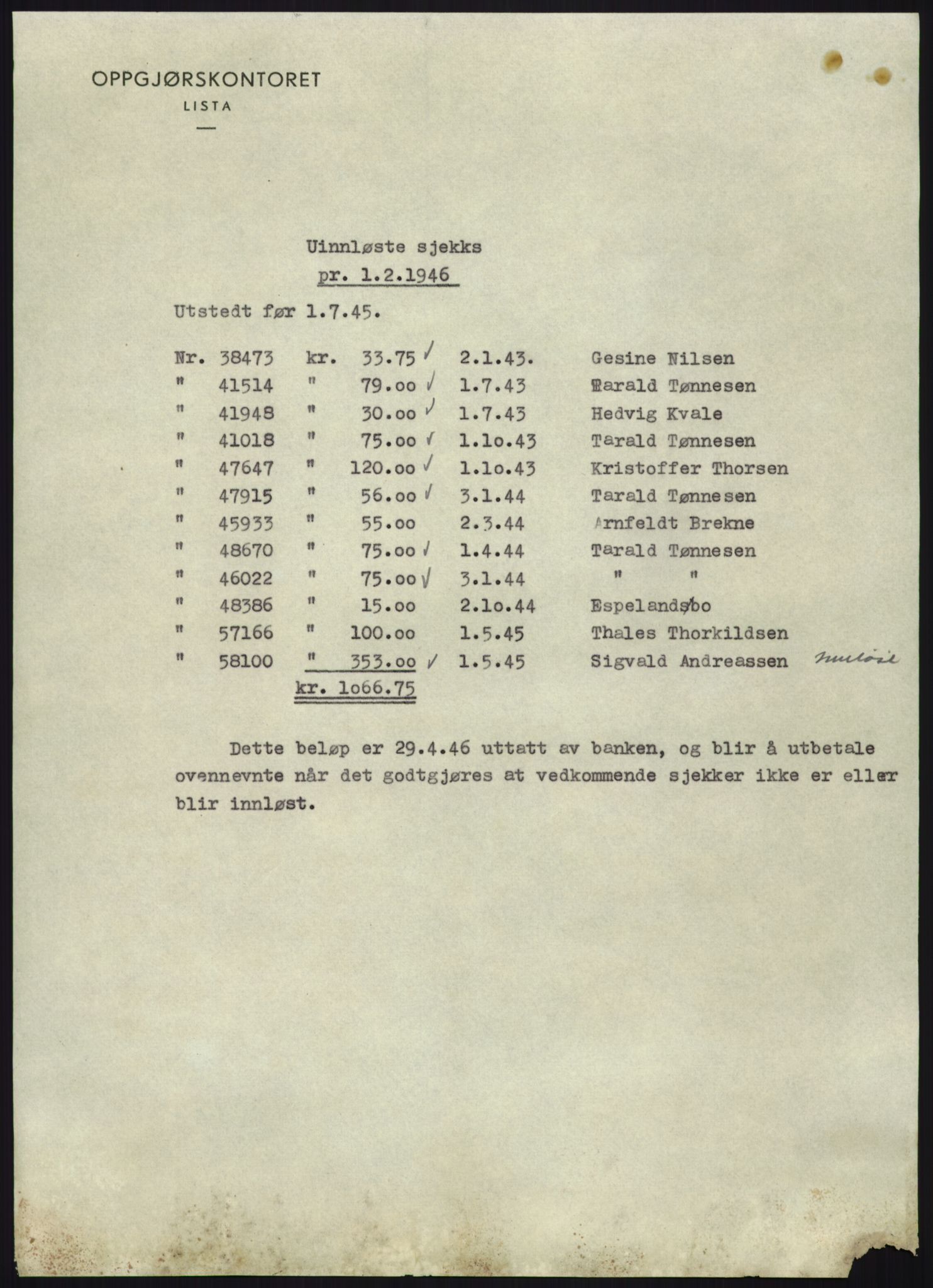 Forsvarsdepartementet, 10. kontor / Oppgjørskontoret, AV/RA-RAFA-1225/D/Db/L0180: Lista oppgjørskontor, 1942-1952, s. 2079