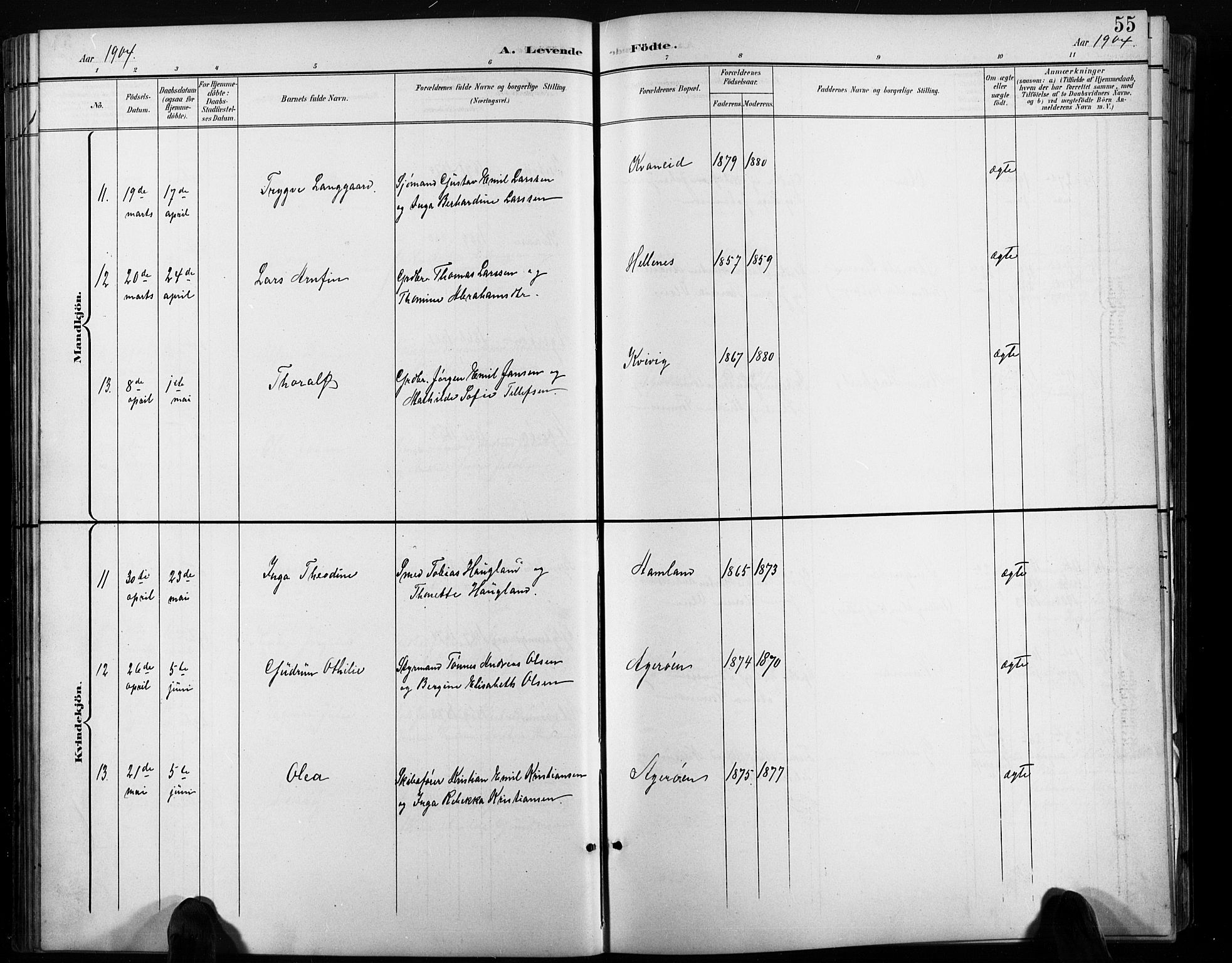 Høvåg sokneprestkontor, AV/SAK-1111-0025/F/Fb/L0005: Klokkerbok nr. B 5, 1898-1929, s. 55