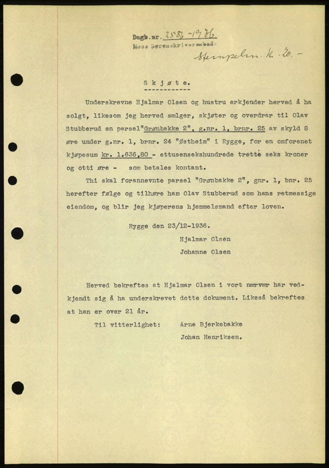 Moss sorenskriveri, SAO/A-10168: Pantebok nr. A2, 1936-1937, Dagboknr: 2586/1936