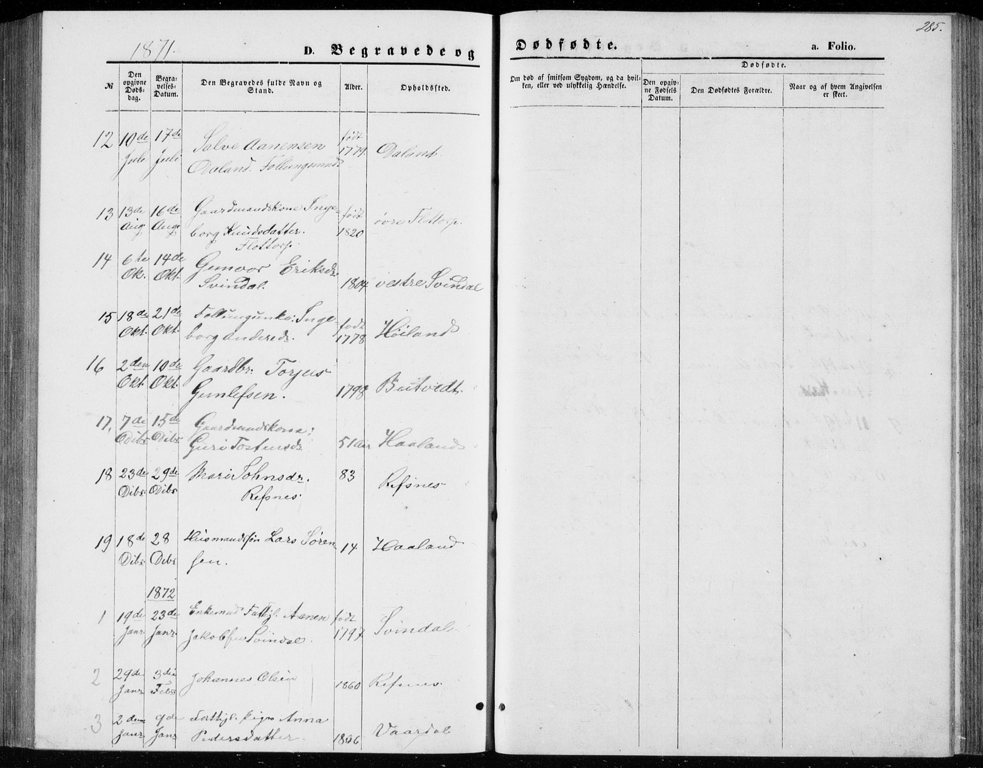 Bjelland sokneprestkontor, SAK/1111-0005/F/Fb/Fbc/L0002: Klokkerbok nr. B 2, 1867-1887, s. 285