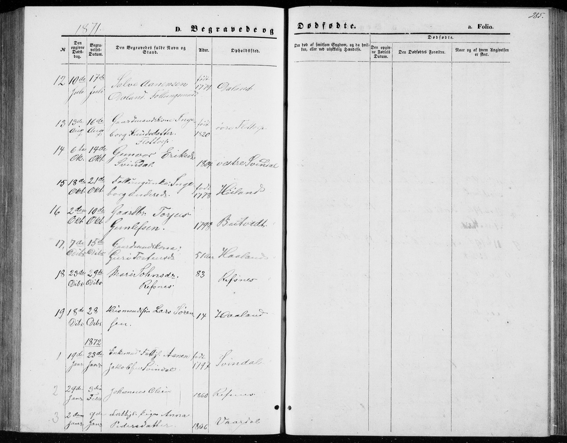 Bjelland sokneprestkontor, AV/SAK-1111-0005/F/Fb/Fbc/L0002: Klokkerbok nr. B 2, 1867-1887, s. 285