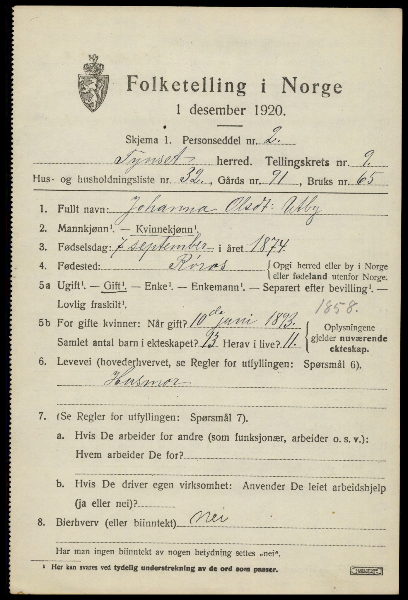 SAH, Folketelling 1920 for 0437 Tynset herred, 1920, s. 7518